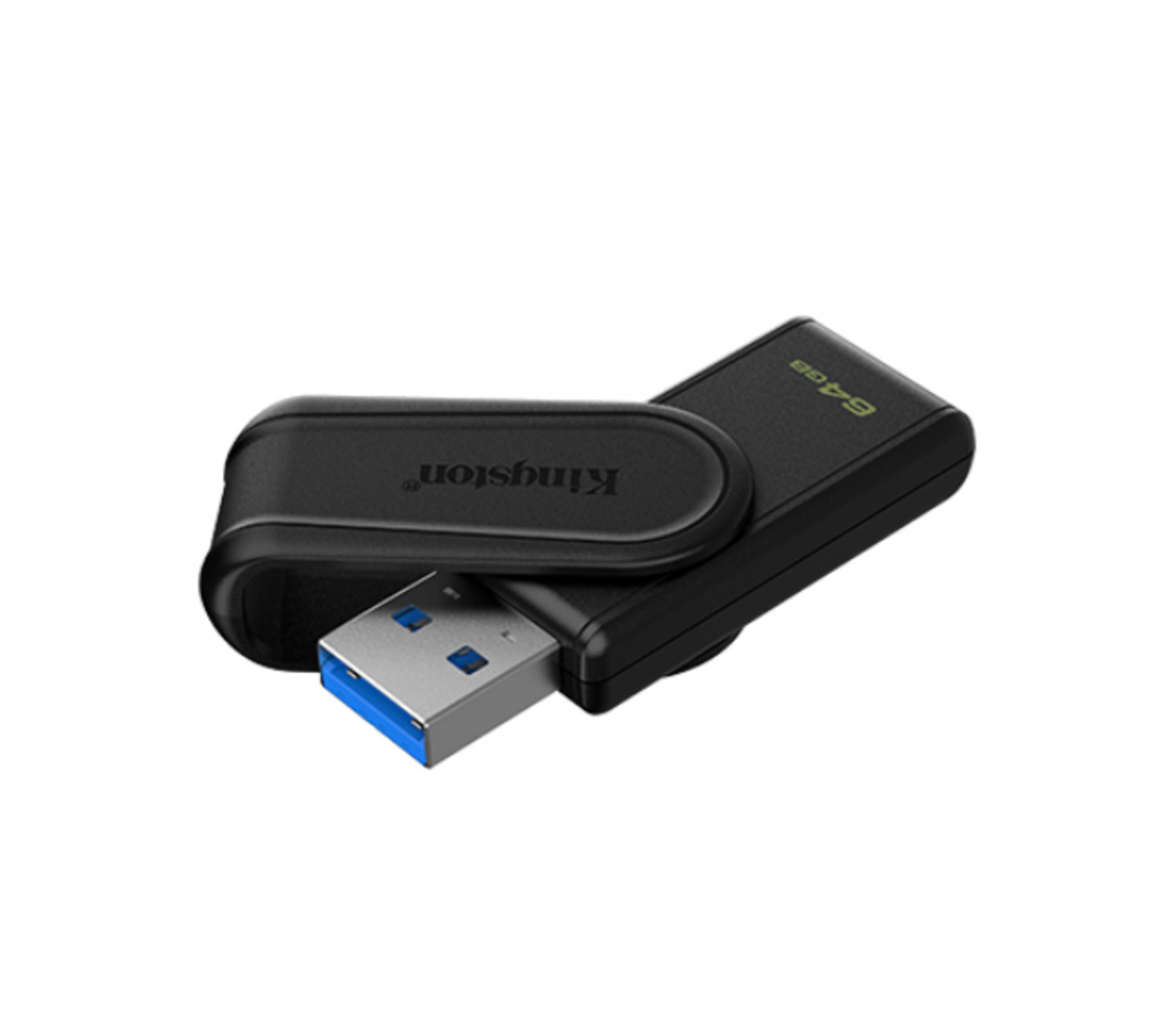 Zwarte 64GB USB-stick met Kingston-merk en zilveren connector.