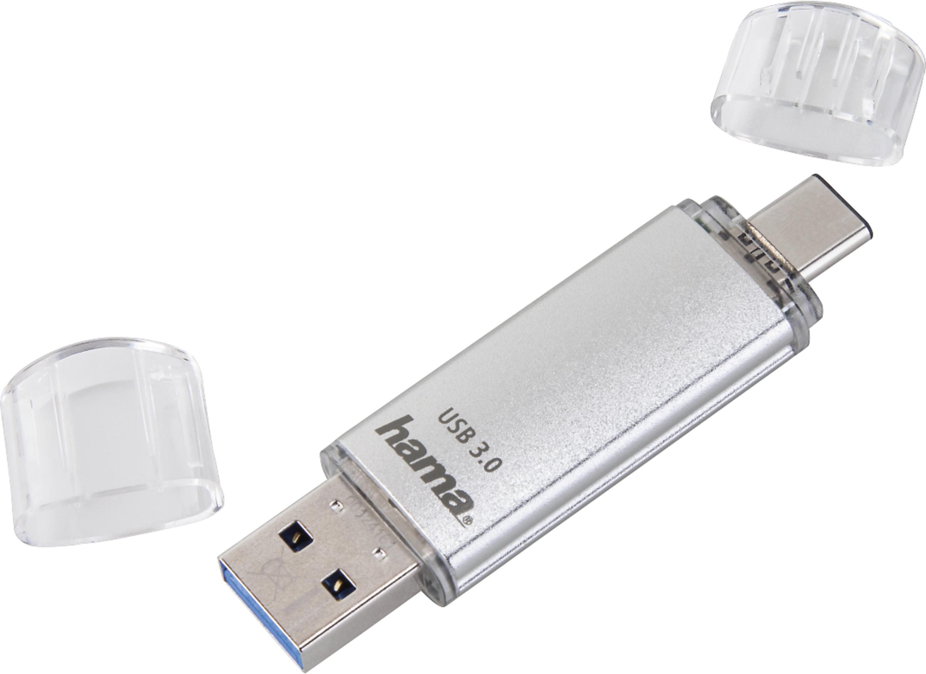 Clé USB 3.0 argentée avec connecteurs USB-A et USB-C, capuchons retirés.