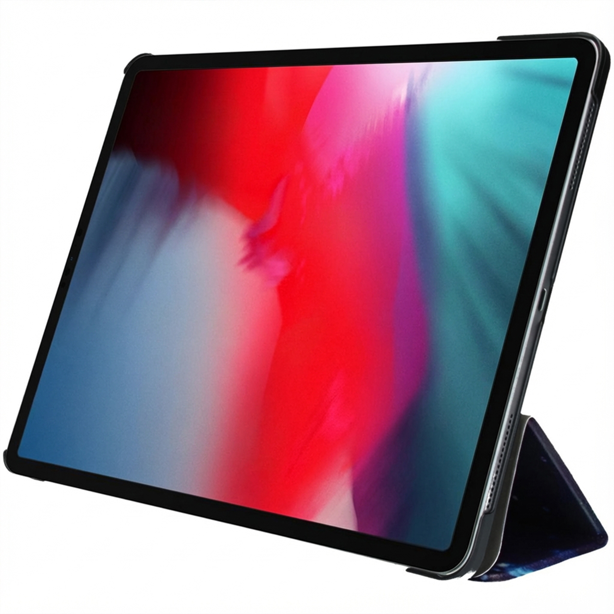 A black tablet with a colorful wallpaper and a stand case.