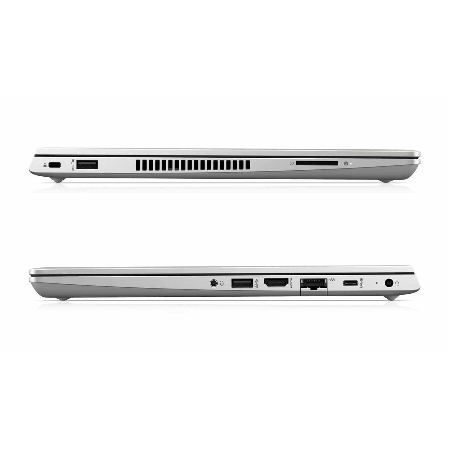 Silberner Laptop mit Anschlüssen: USB-C, USB-A, SD-Kartenleser, HDMI, Audio.