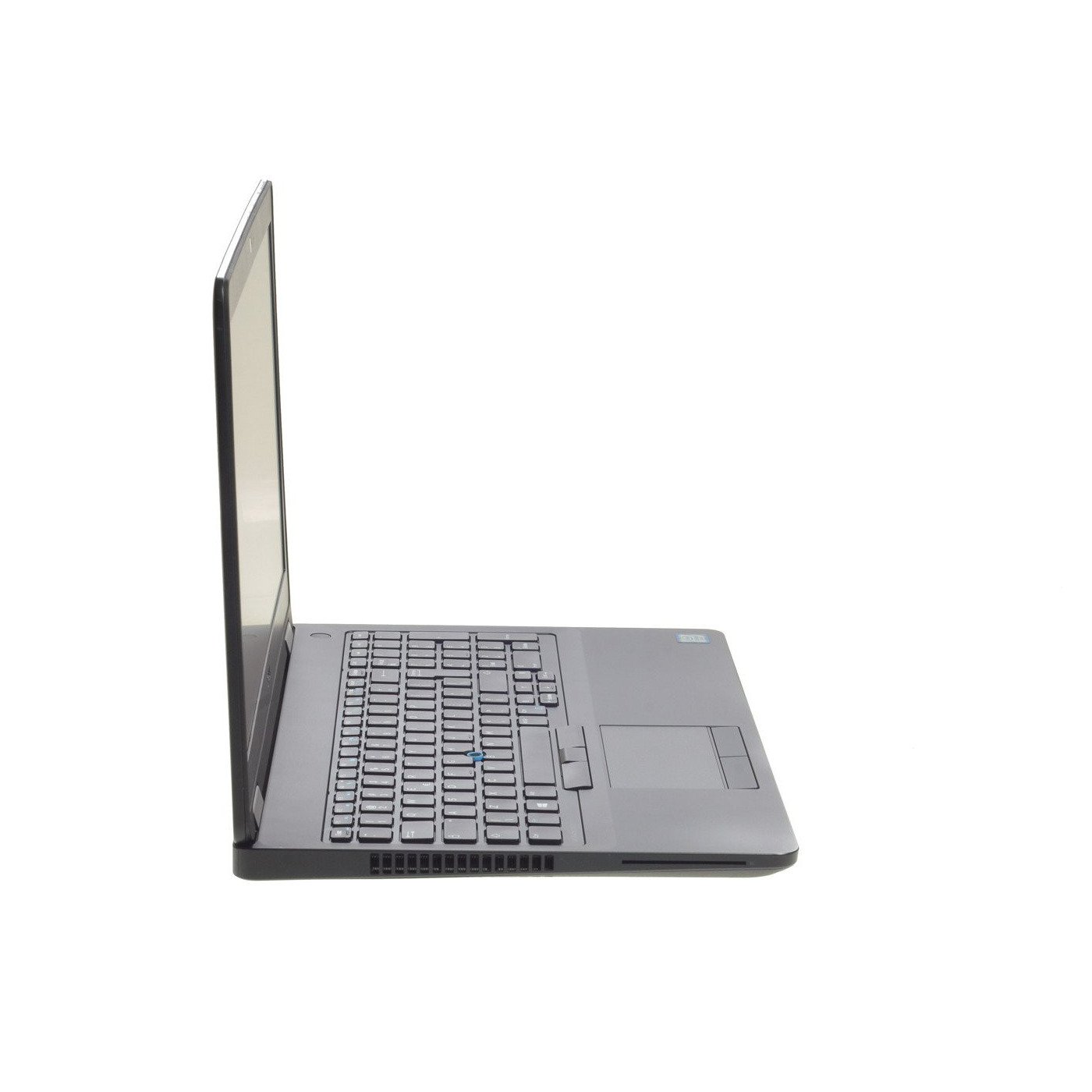 Ein graues Dell-Laptop mit geöffnetem Bildschirm und Tastatur auf weißem Hintergrund.