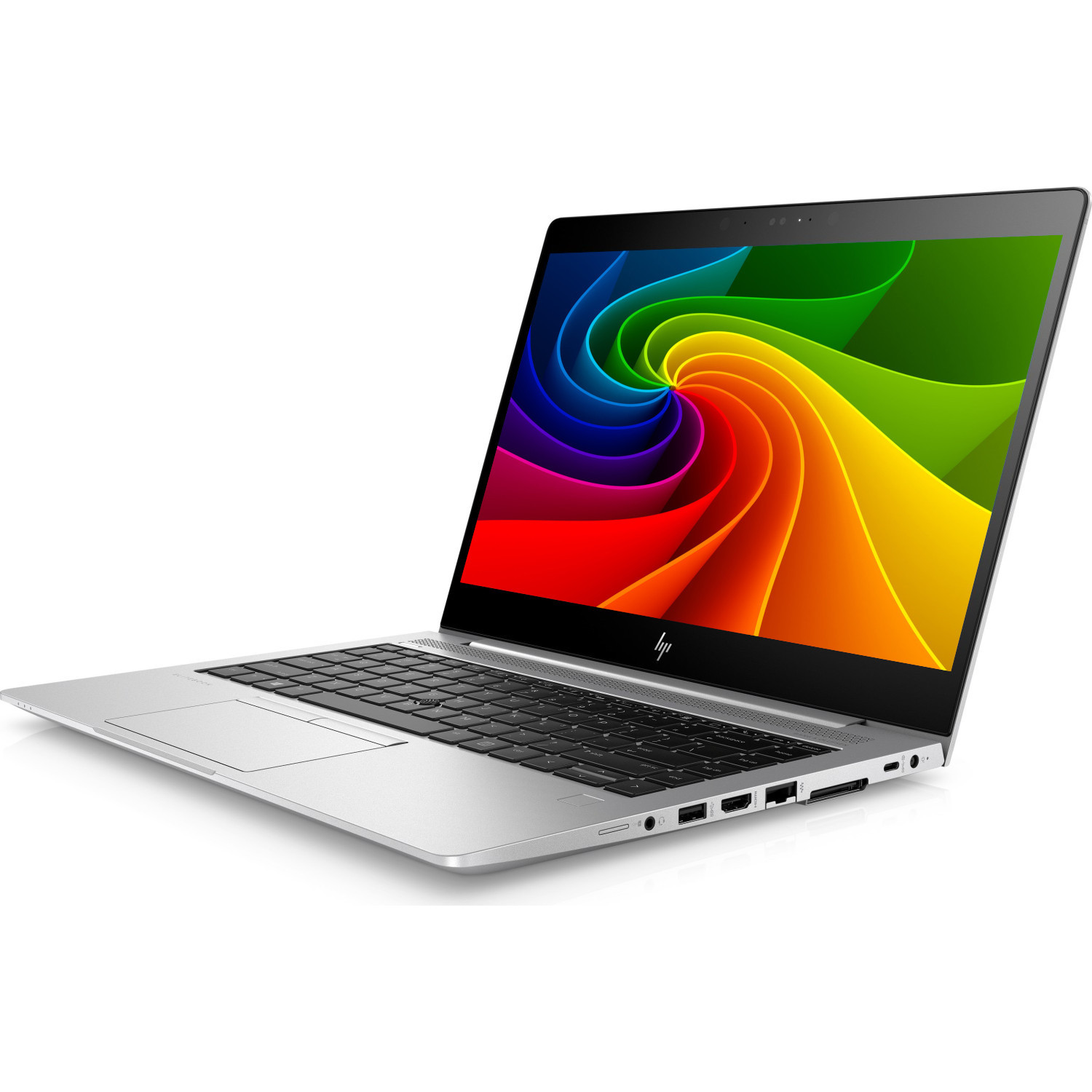 Ein silberner Laptop mit einem farbenfrohen Wirbelmuster auf dem Bildschirm.