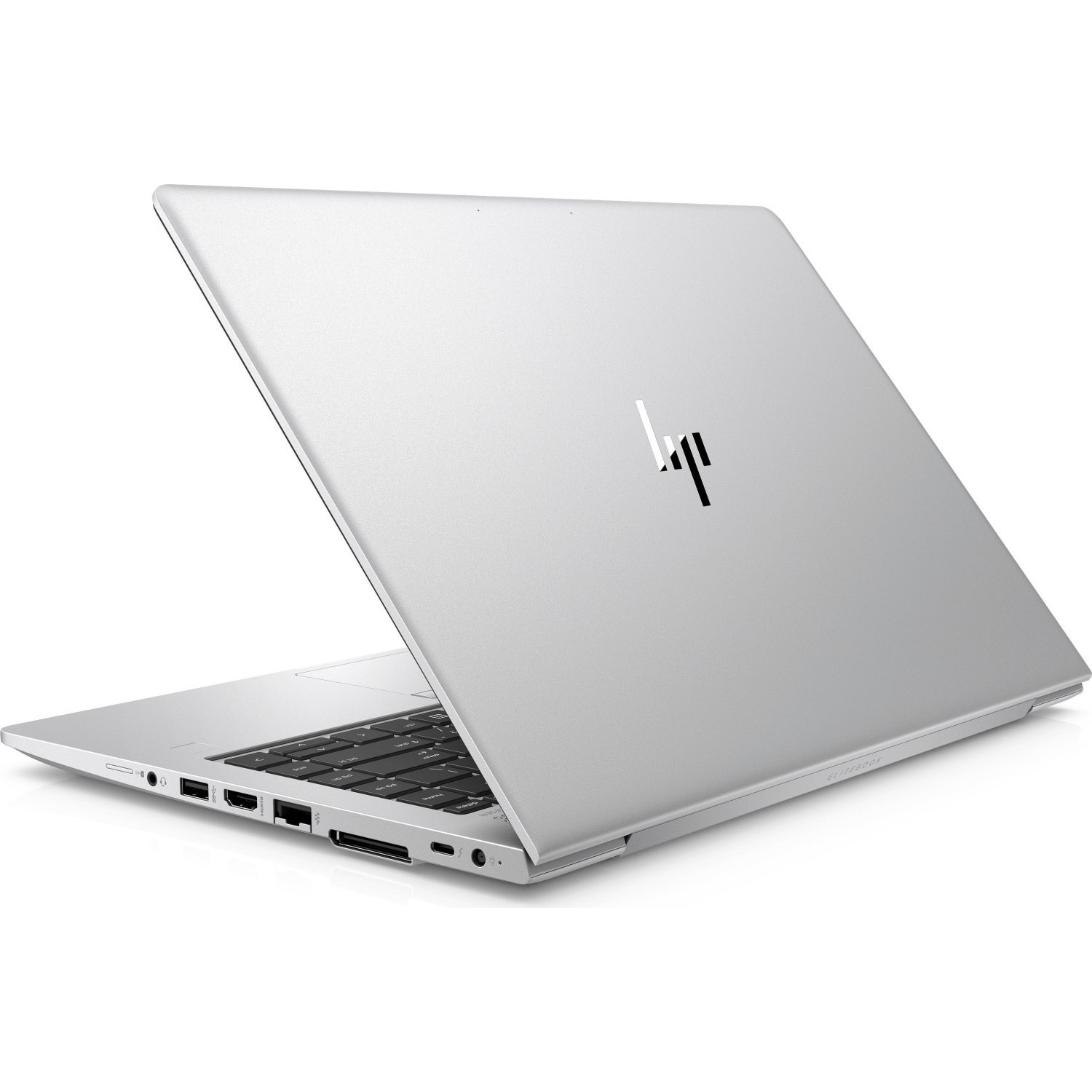 Ein geöffneter silberner HP Elitebook Laptop mit Blick auf die Tastatur und Anschlüsse.