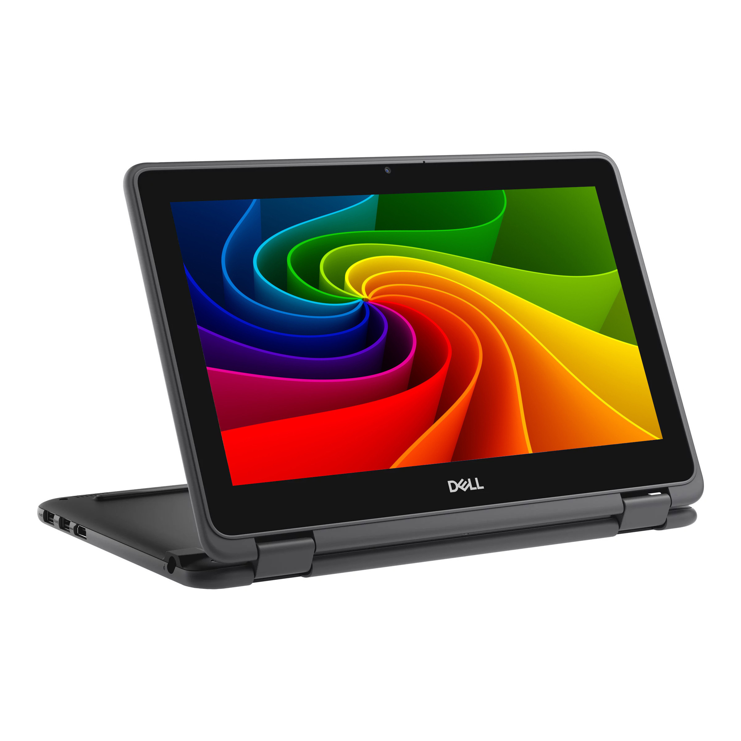 Ein geöffneter Dell-Laptop mit einem bunten, wirbelnden Hintergrundbild.