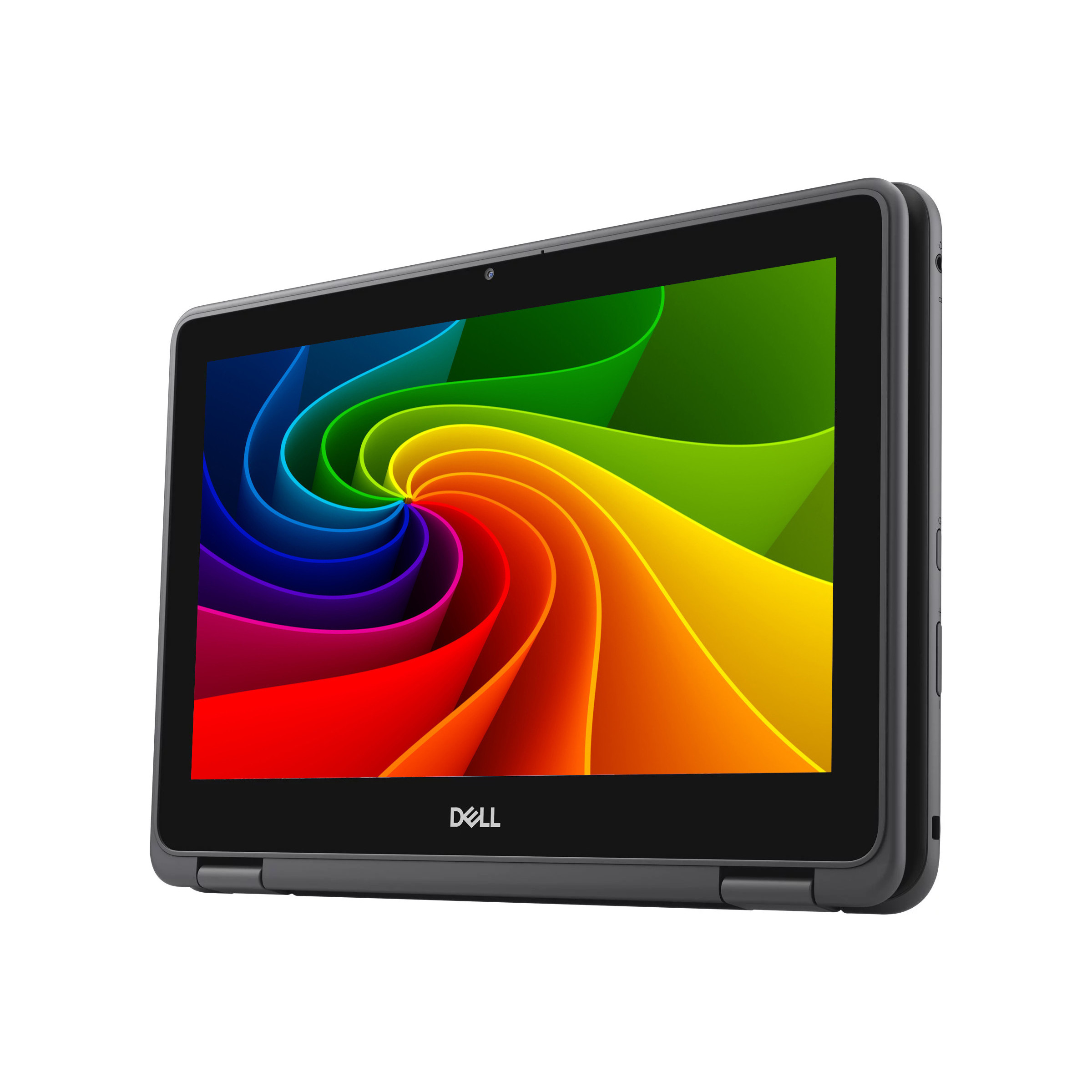Ein graues Dell-Chromebook mit einem bunten abstrakten Hintergrund auf dem Bildschirm.