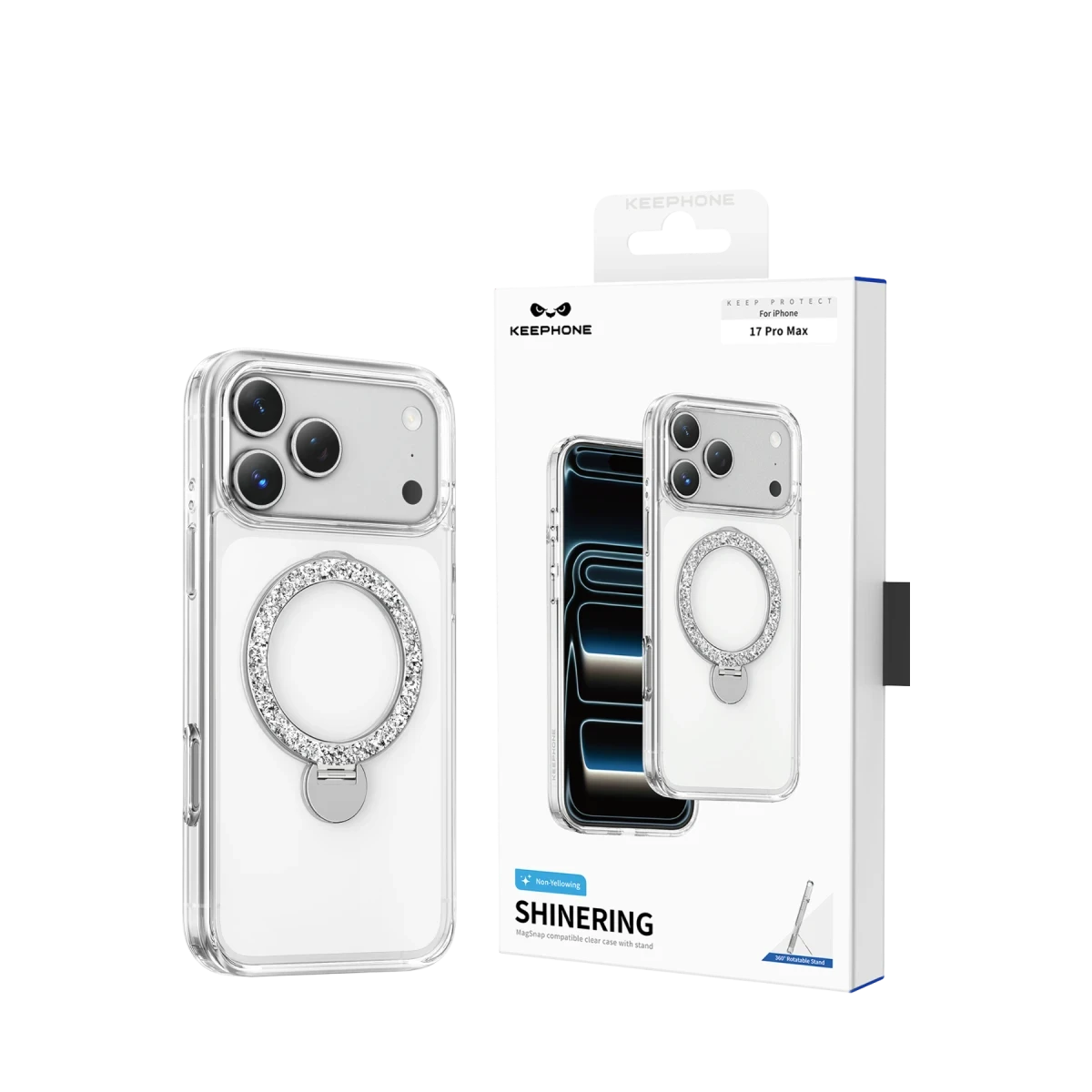 Pırıltılı halka tutuculu şeffaf iPhone 17 Pro Max kılıfı.