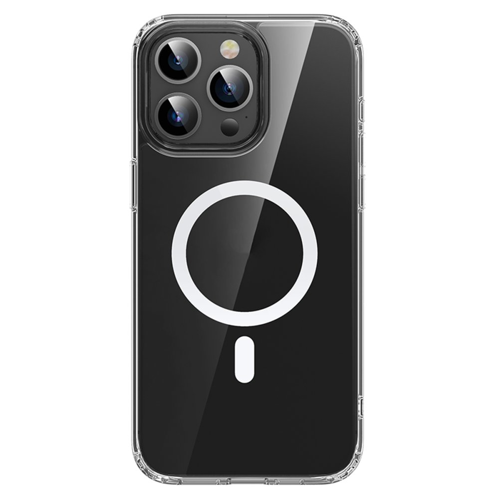 Kamera modülü ve beyaz şarj halkası olan şeffaf telefon kılıfı.