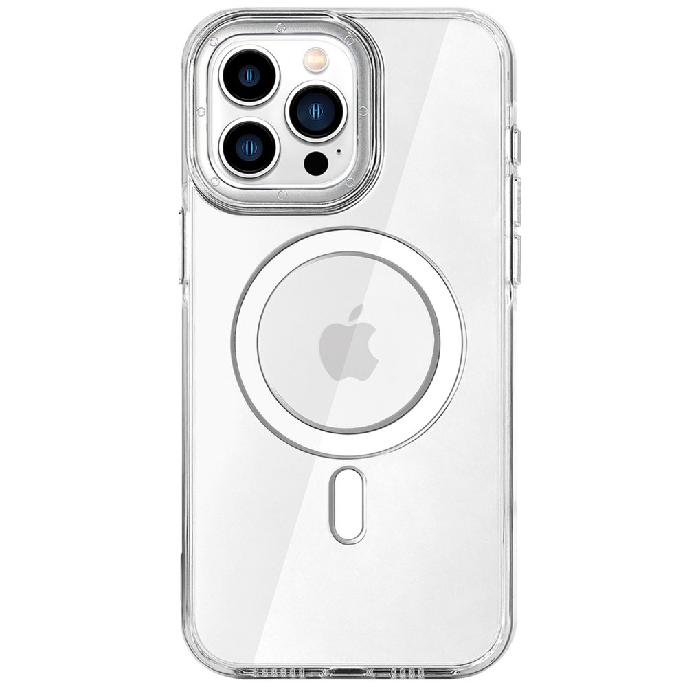 Kamera kesimli, Apple logosu olan şeffaf telefon kılıfı.