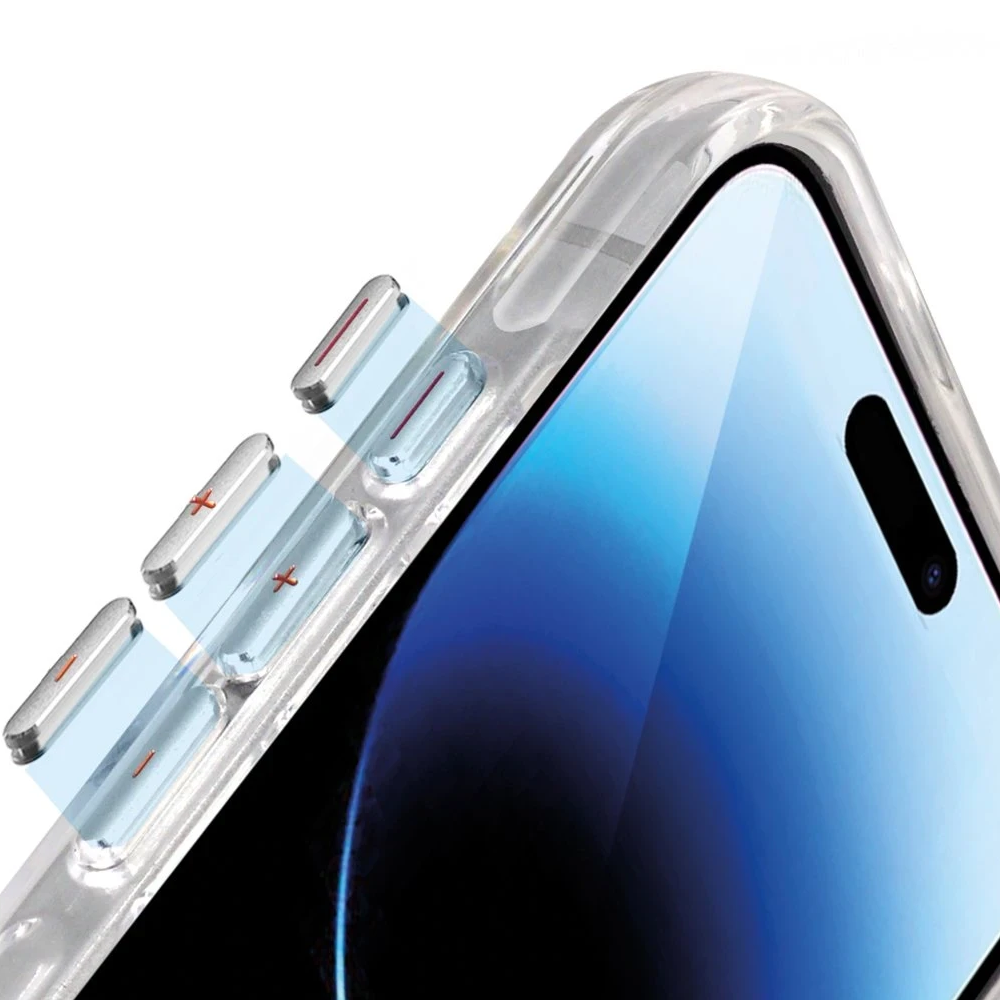 Kırmızı artı işaretli yan düğmeleri olan şeffaf telefon kılıfı.