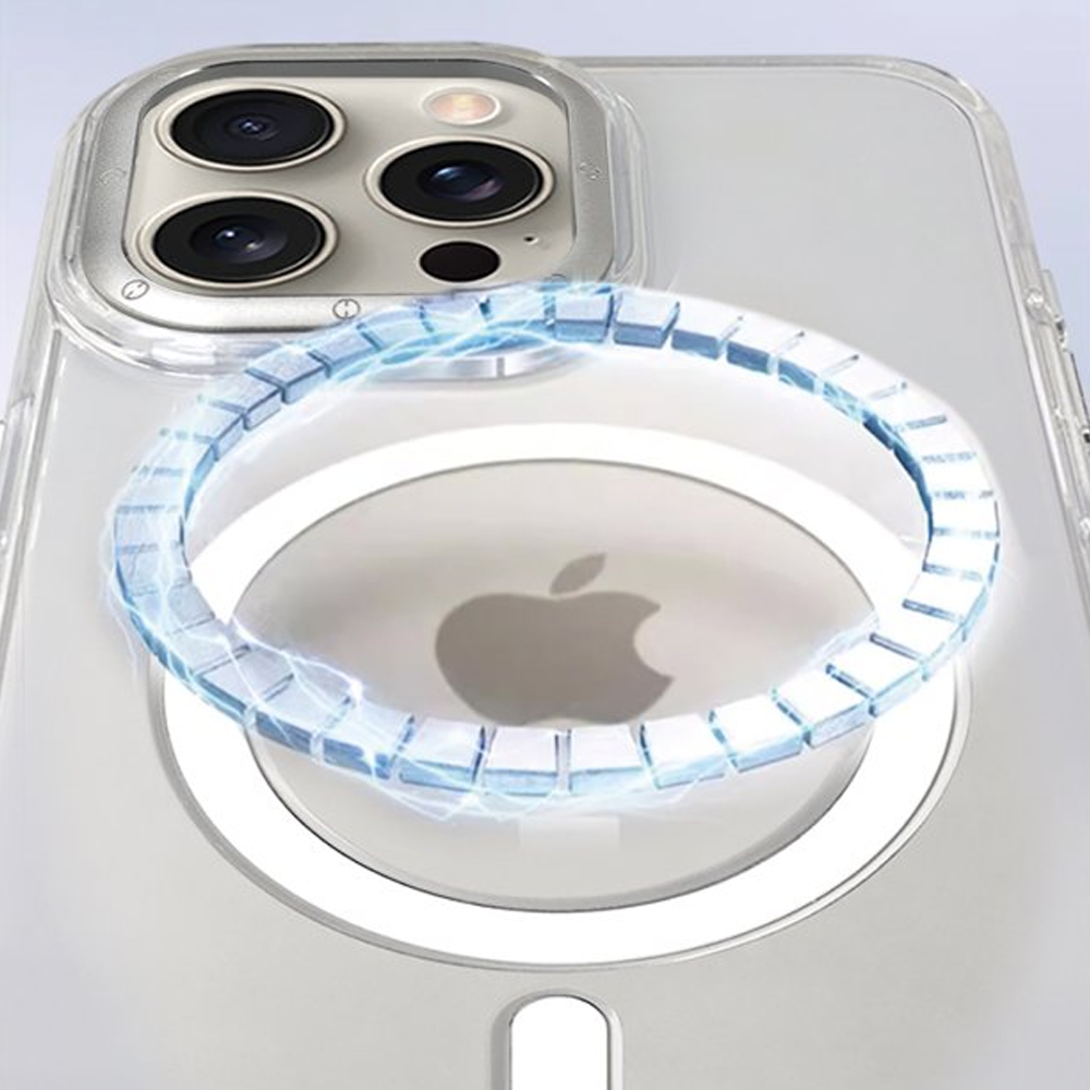 Apple logosu ve manyetik halkalı şeffaf telefon kılıfı.