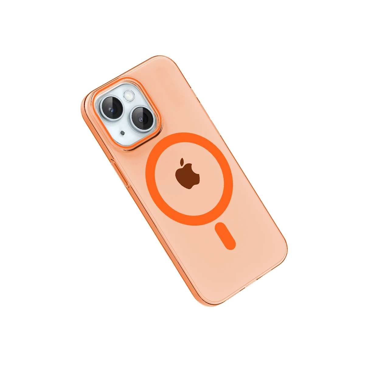 Apple logosu ve manyetik halkalı şeffaf şeftali rengi iPhone kılıfı.