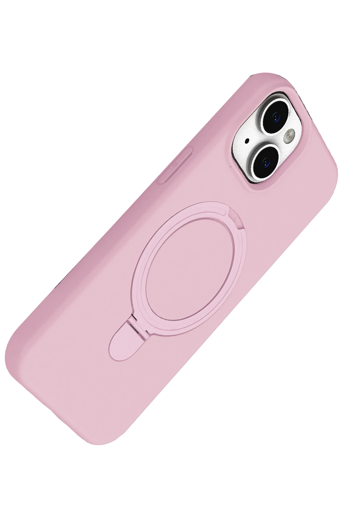 Halka tutuculu ve kamera açıklıklı pembe telefon kılıfı.