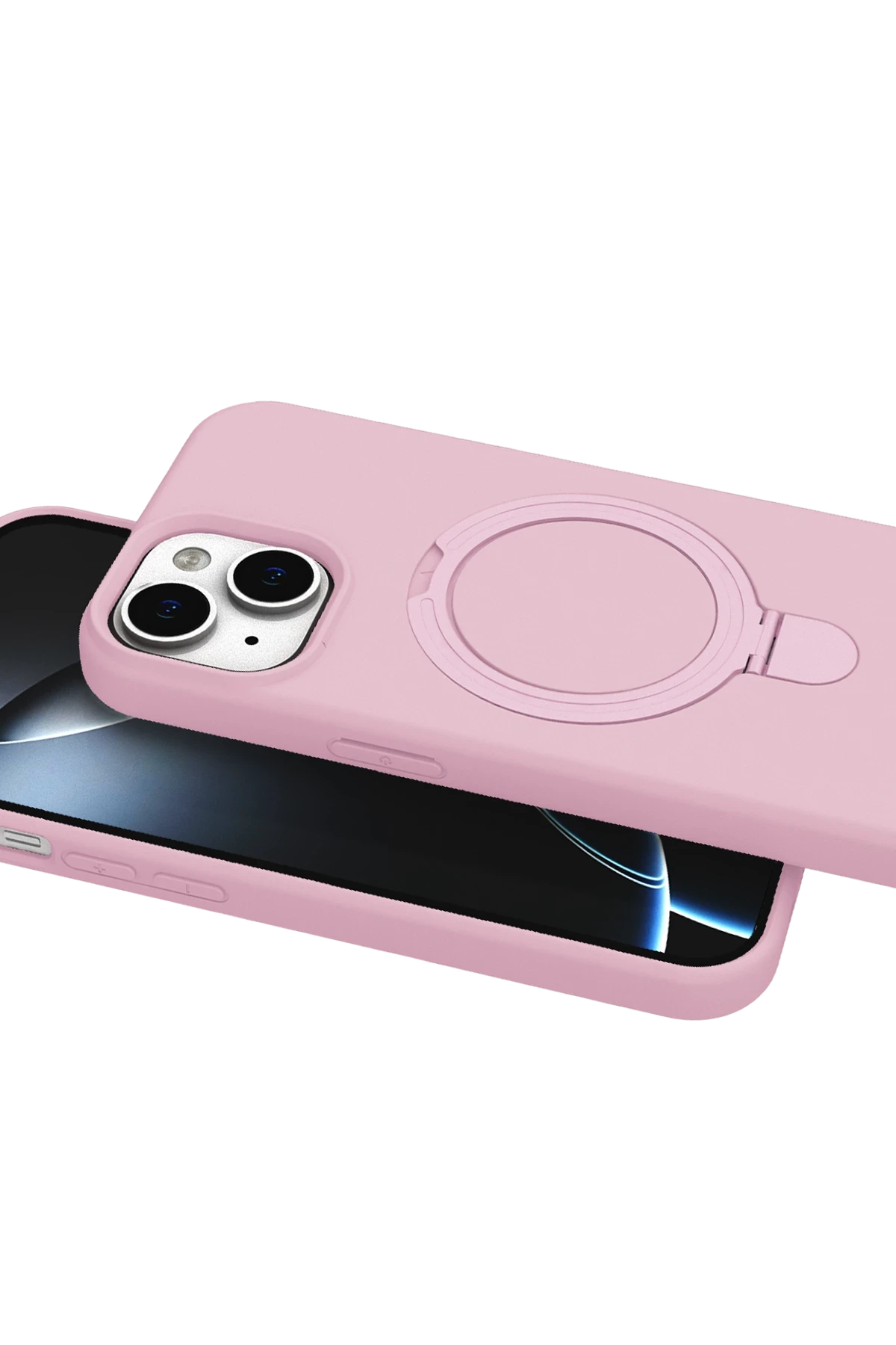 Halka tutuculu pembe telefon kılıfı, telefonun üzerinde.