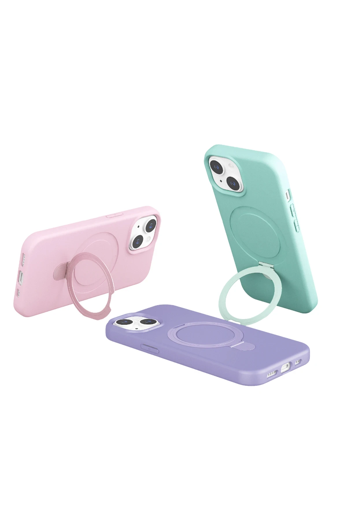 Beyaz arka plan üzerinde halka tutuculu üç pastel telefon kılıfı.