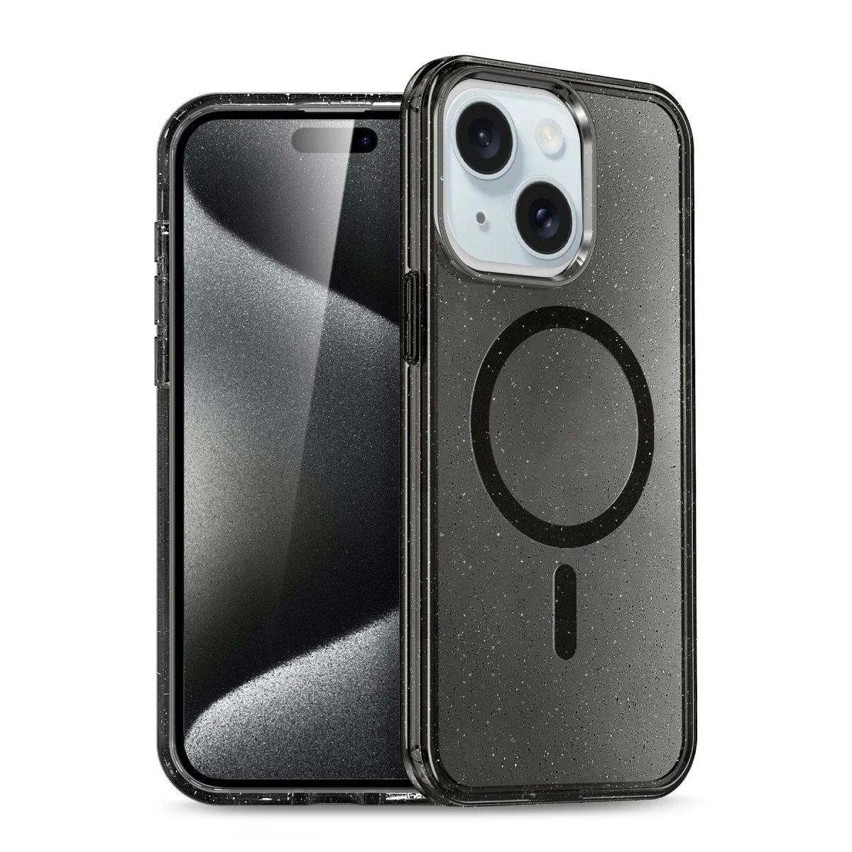 Siyah telefon, şeffaf simli kılıf ve MagSafe halkası ile.