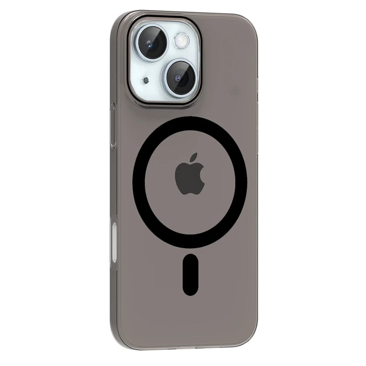 Apple logosu ve manyetik halkalı gri telefon kılıfı.