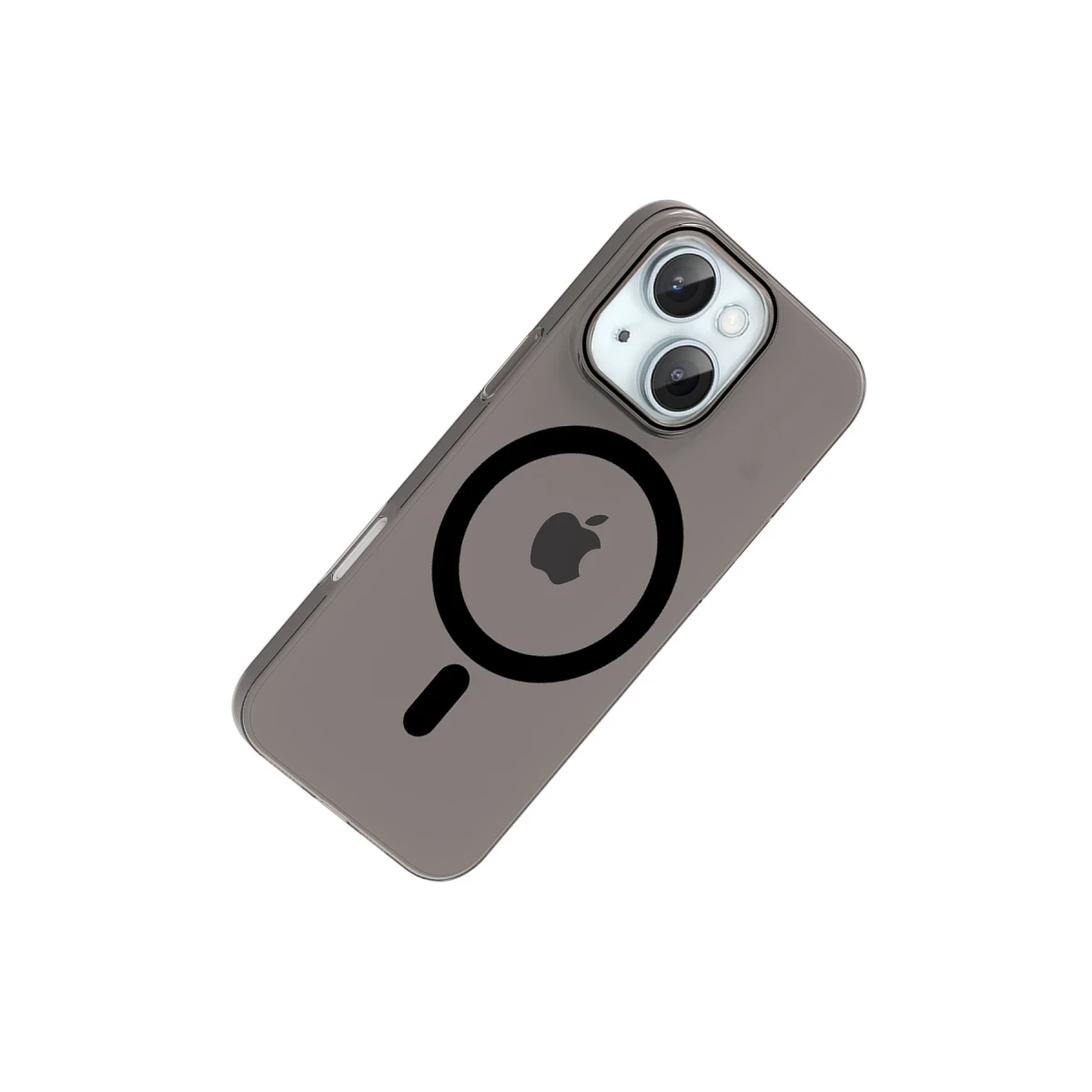 Apple logosu ve MagSafe halkası olan gri telefon kılıfı, beyaz kameralar.