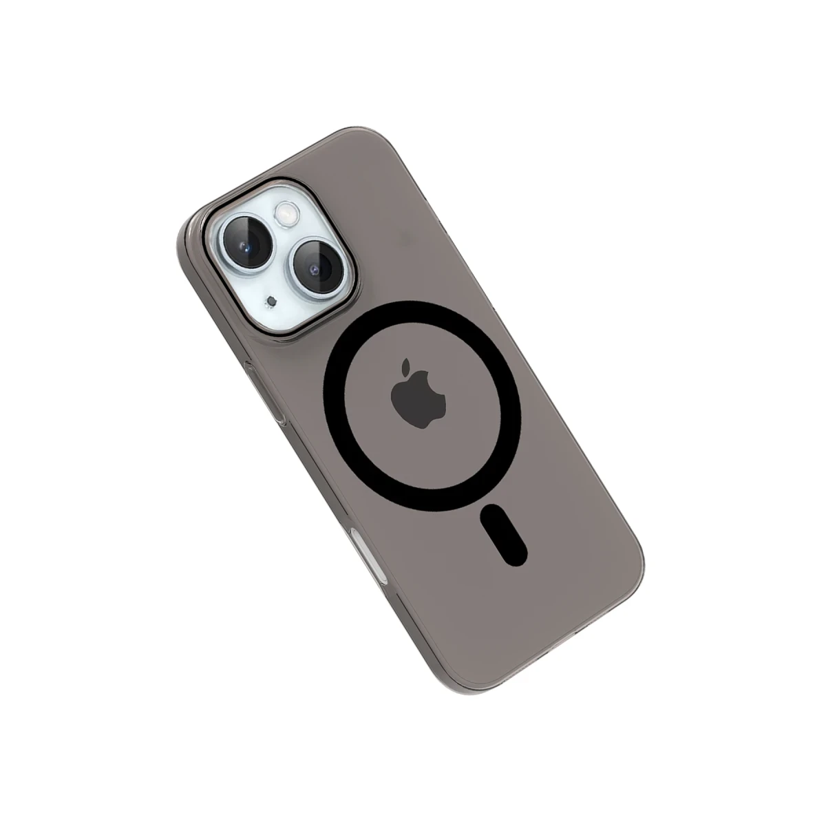 Apple logosu ve MagSafe dairesi olan gri telefon kılıfı.
