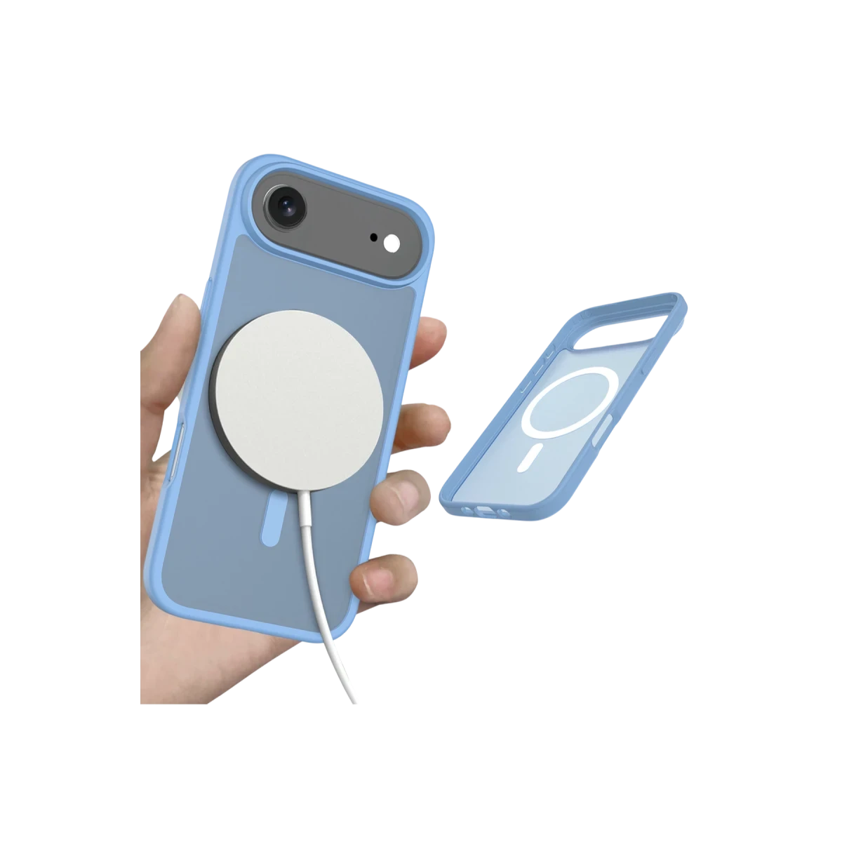 Elde tutulan beyaz şarj cihazlı mavi telefon kılıfı, yanında boş kılıf.