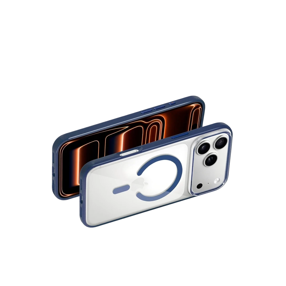 Siyah arka plan üzerinde MagSafe halkalı, şeffaf kasalı mavi kenarlı iPhone.