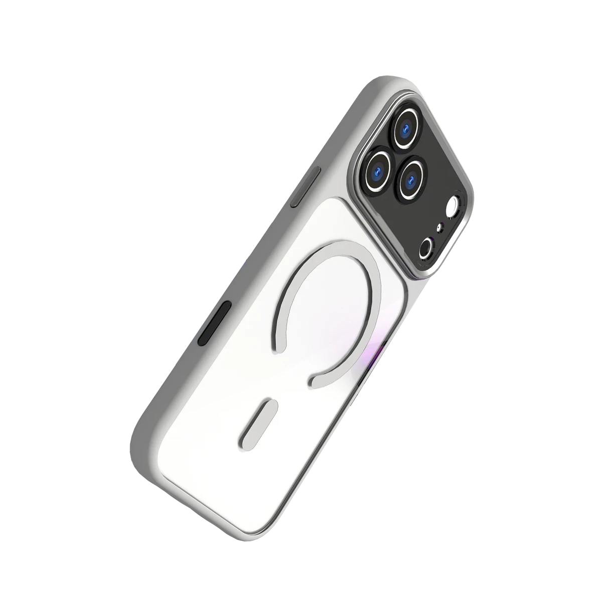 Siyah arka plan üzerinde MagSafe şarj kılıflı gümüş iPhone.