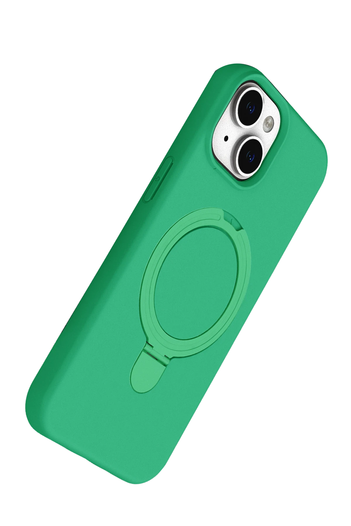 Siyah arka plan üzerinde halka tutuculu ve kamera lensli yeşil telefon kılıfı.