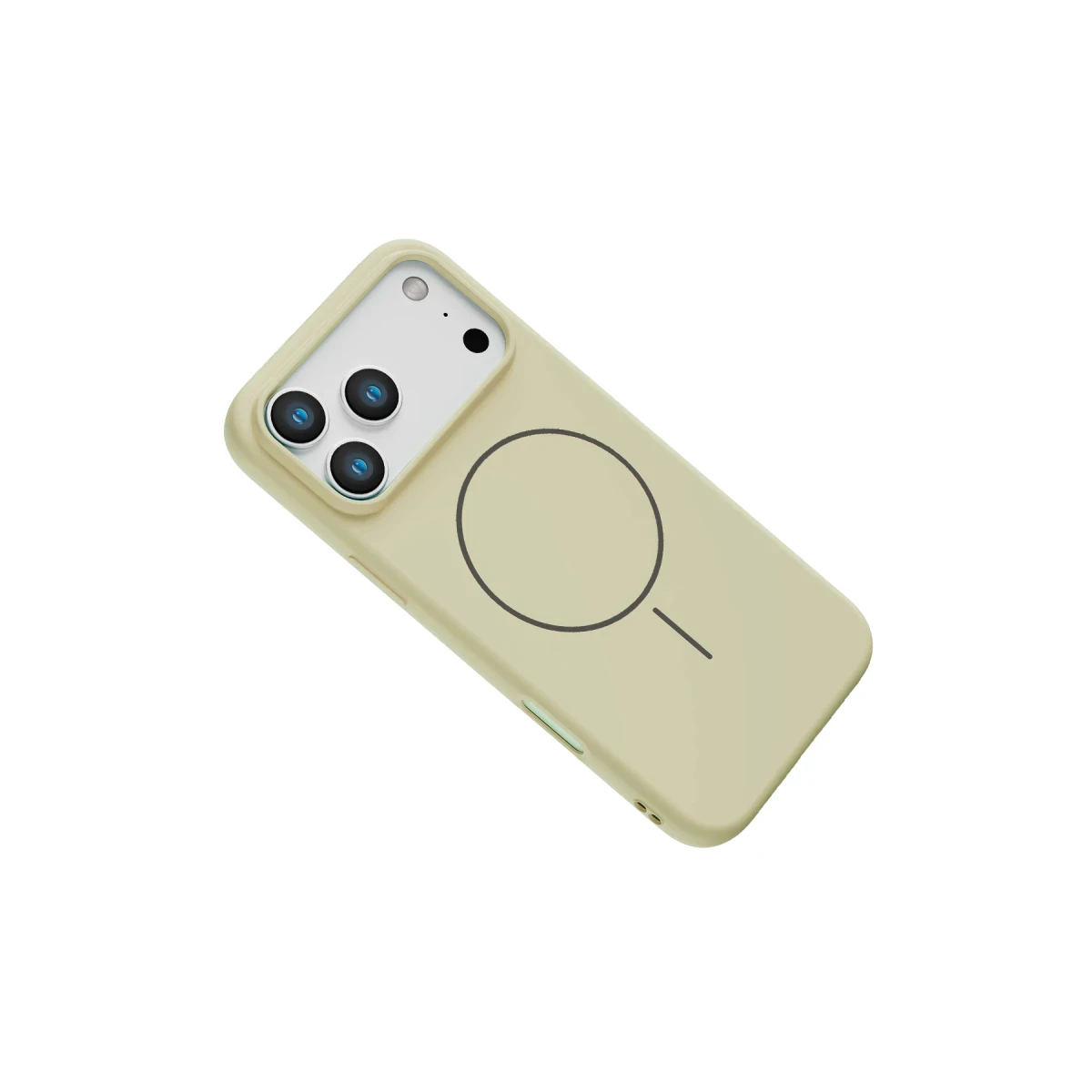 Üç kamera lensli ve manyetik halkalı bej telefon kılıfı.