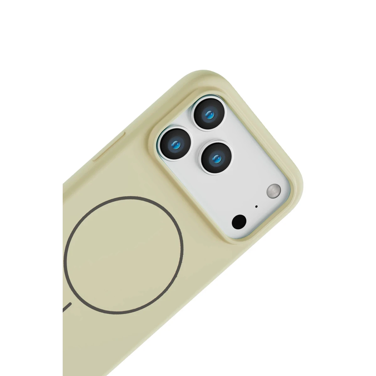 Üç kamera lensli ve flaşlı açık sarı iPhone kılıfı.