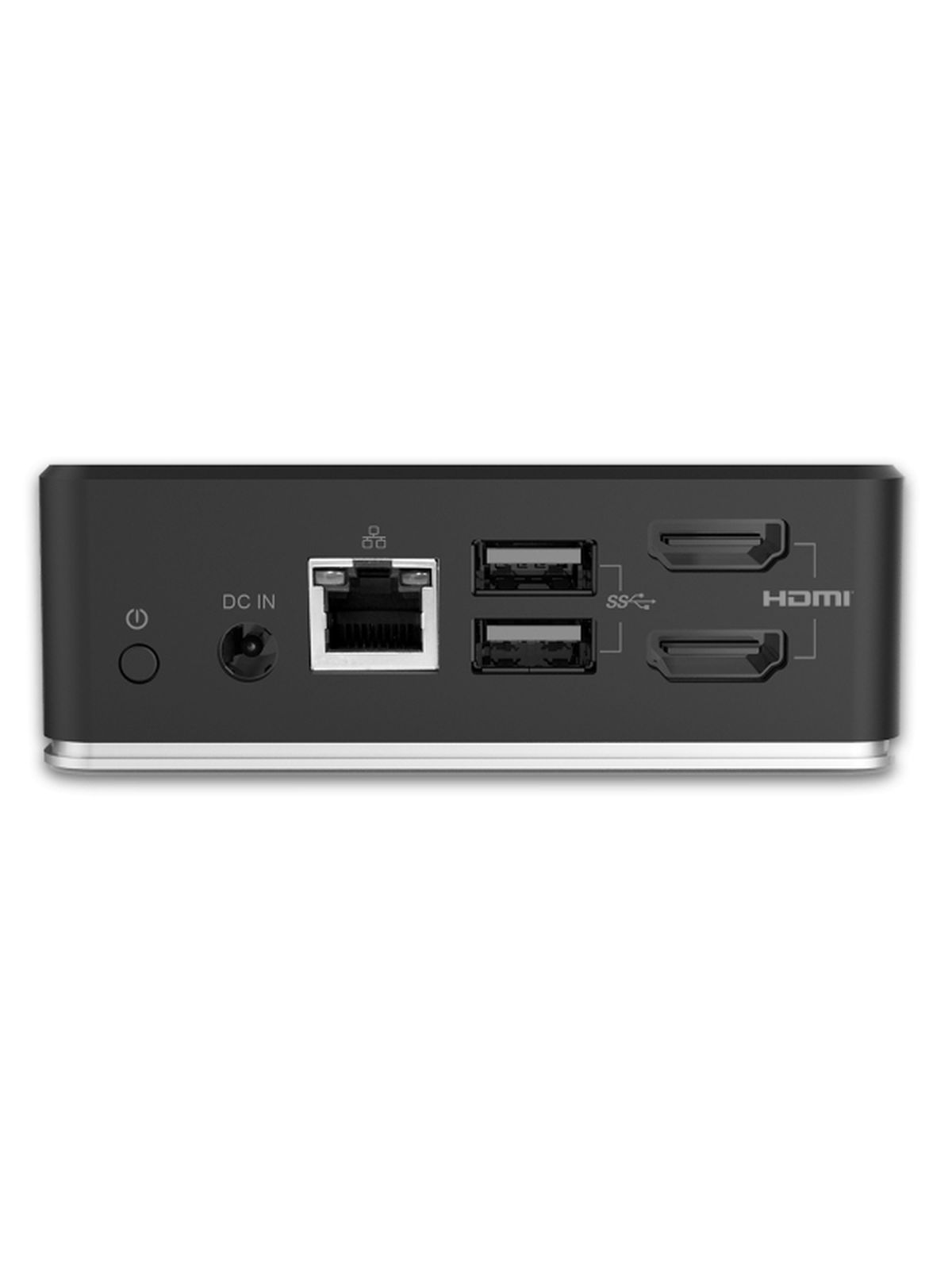 Case nero per mini PC con porte: alimentazione, ingresso DC, Ethernet, 2x USB, 2x HDMI.