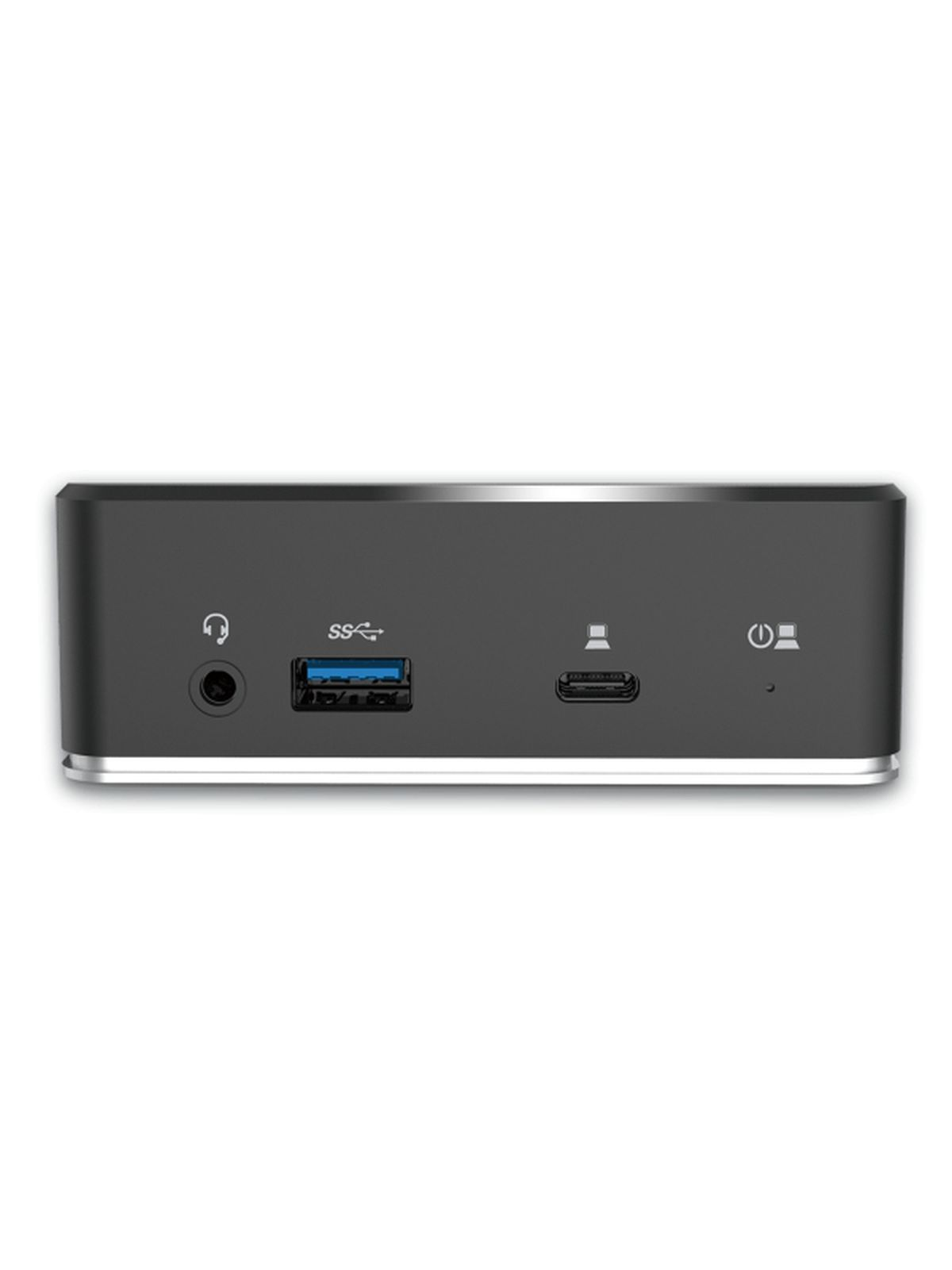 Scocca grigia con porte: cuffie, USB-A, USB-C, pulsante di accensione.