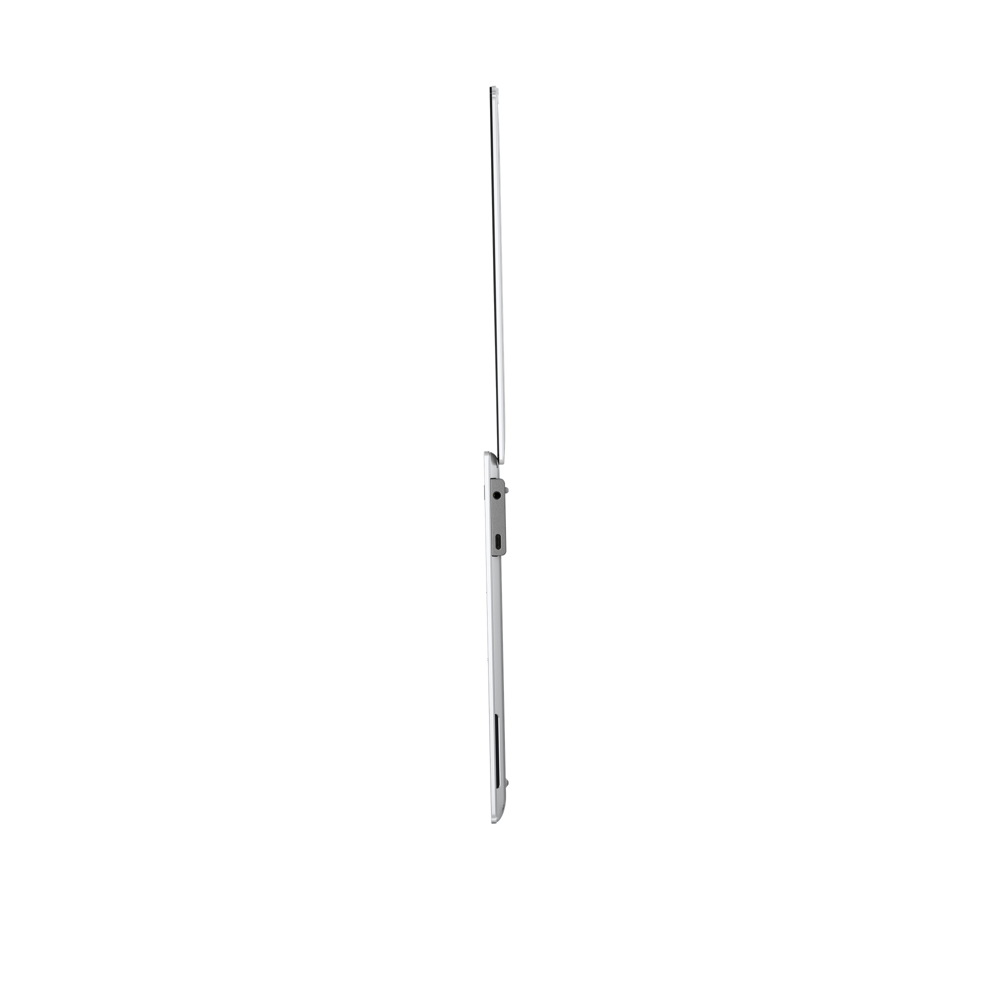 Un laptop argento, visto di lato, con lo schermo aperto.