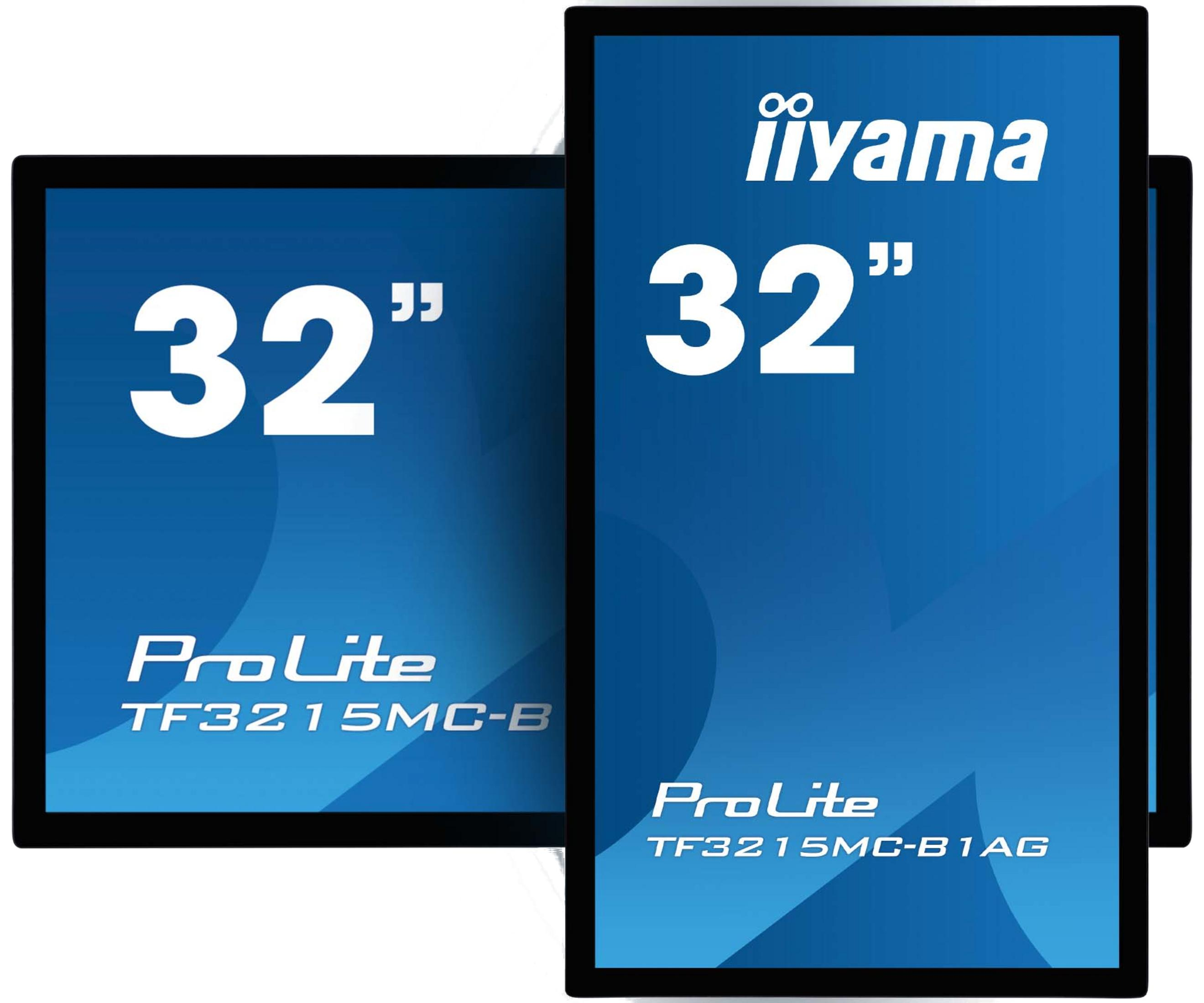 Dos monitores Iiyama de 32 pulgadas mostrando ProLite TF3215MC-B y TF3215MC-B1AG.