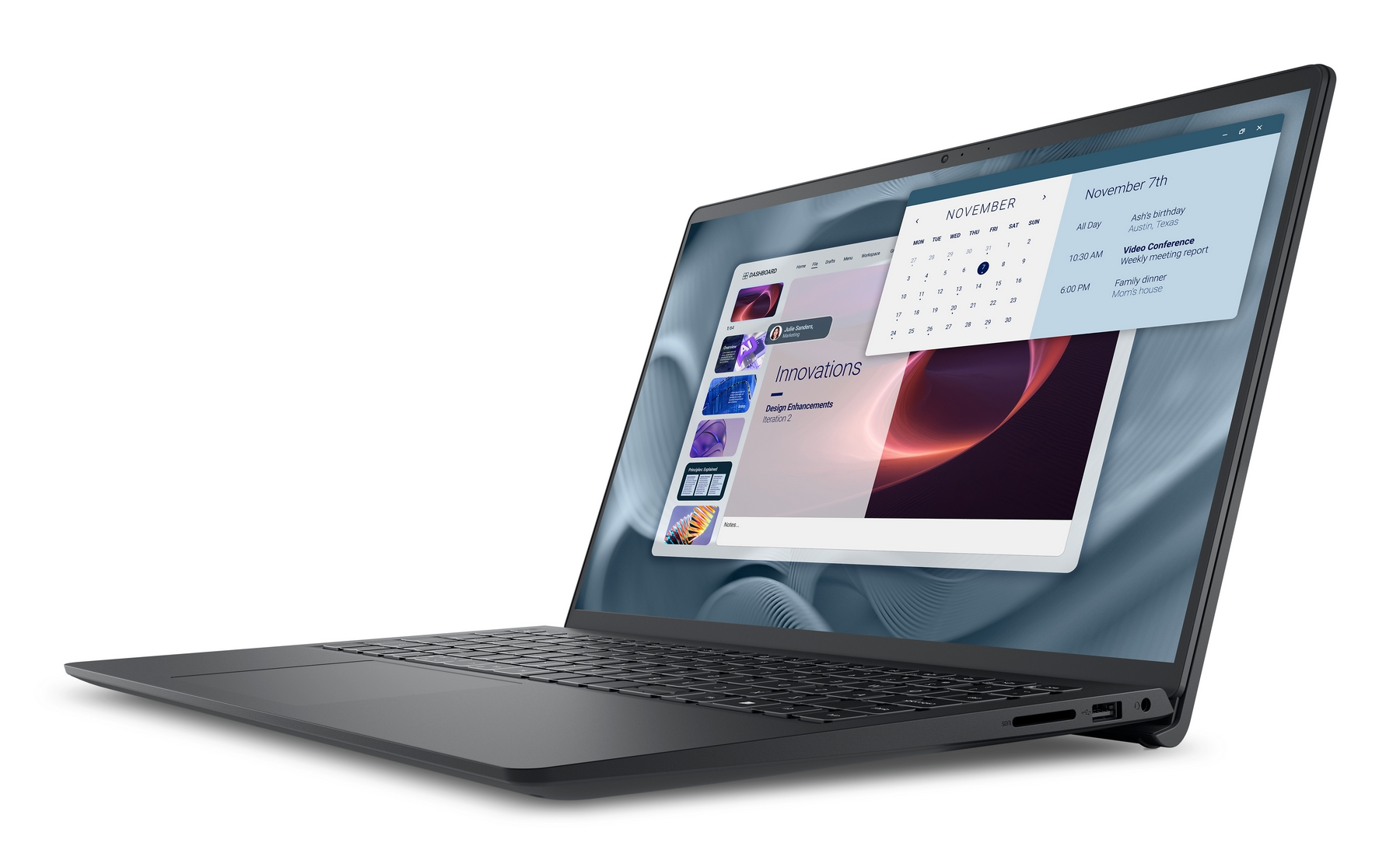 Un laptop nero mostra un calendario e una pagina di note. Il calendario mostra novembre.