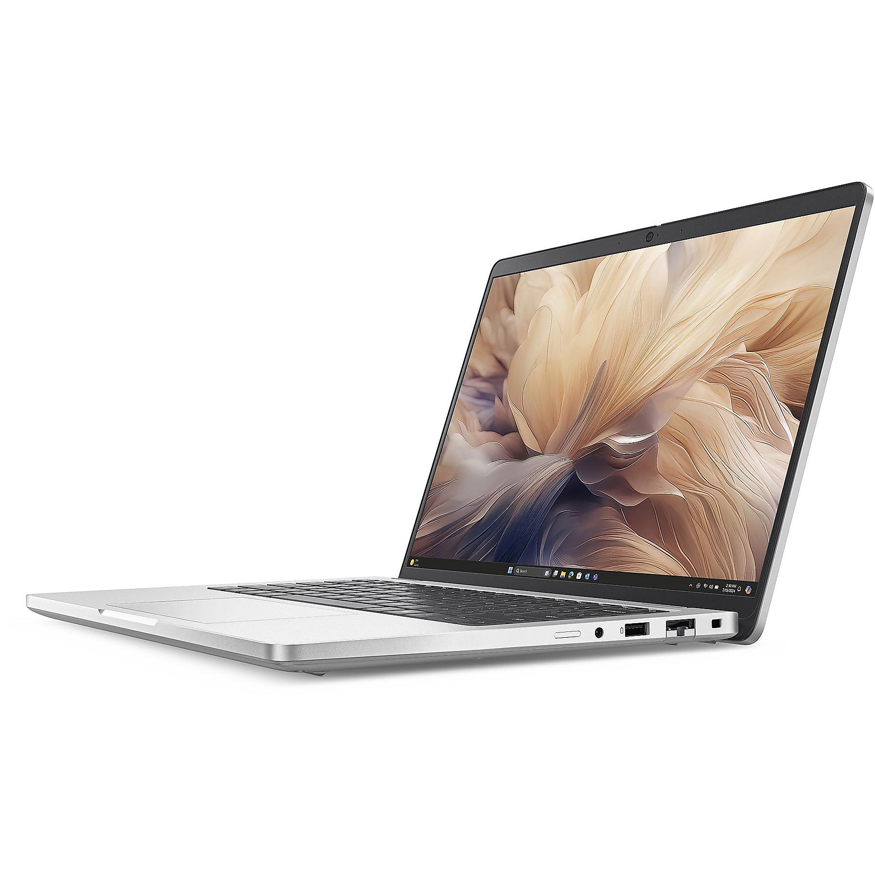 Un laptop argentato con lo schermo aperto, che mostra uno sfondo astratto.