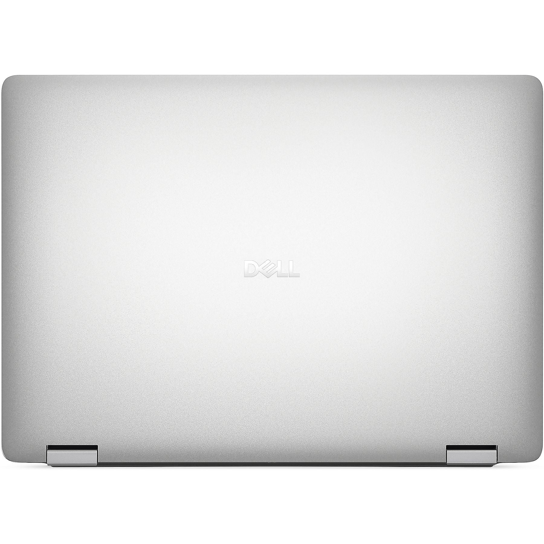 Laptop Dell argentato chiuso con logo al centro e cerniere in basso.