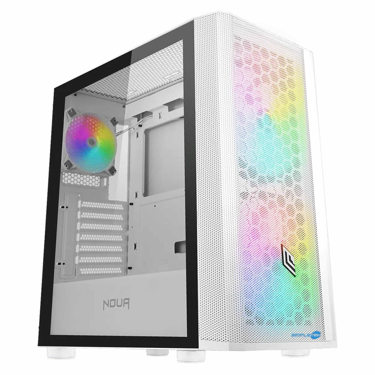Un case tower PC bianco con frontale in vetro e ventola RGB.