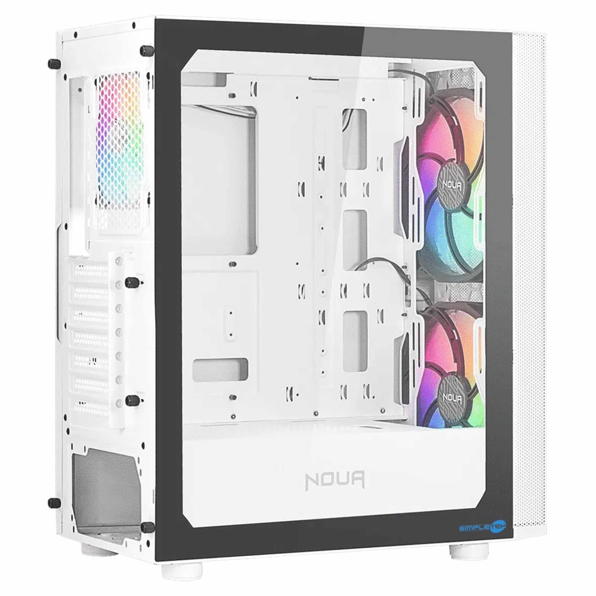 Un case per PC bianco con frontale in vetro e ventole RGB.