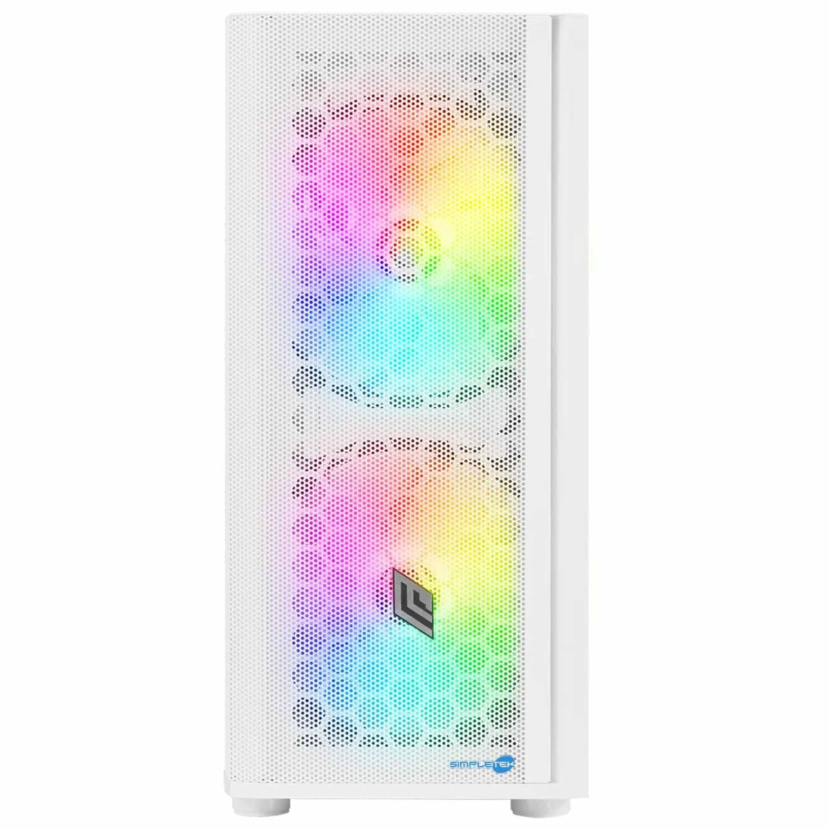 Un case PC bianco con illuminazione RGB arcobaleno.
