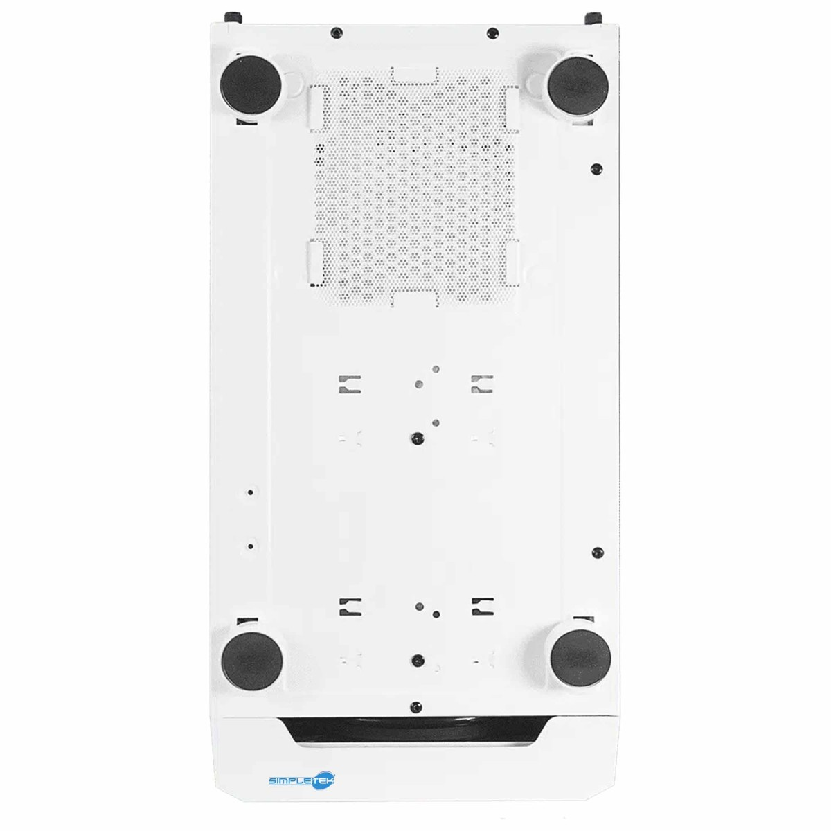Vista inferiore di un case per computer bianco con quattro piedini in gomma e griglie di ventilazione.