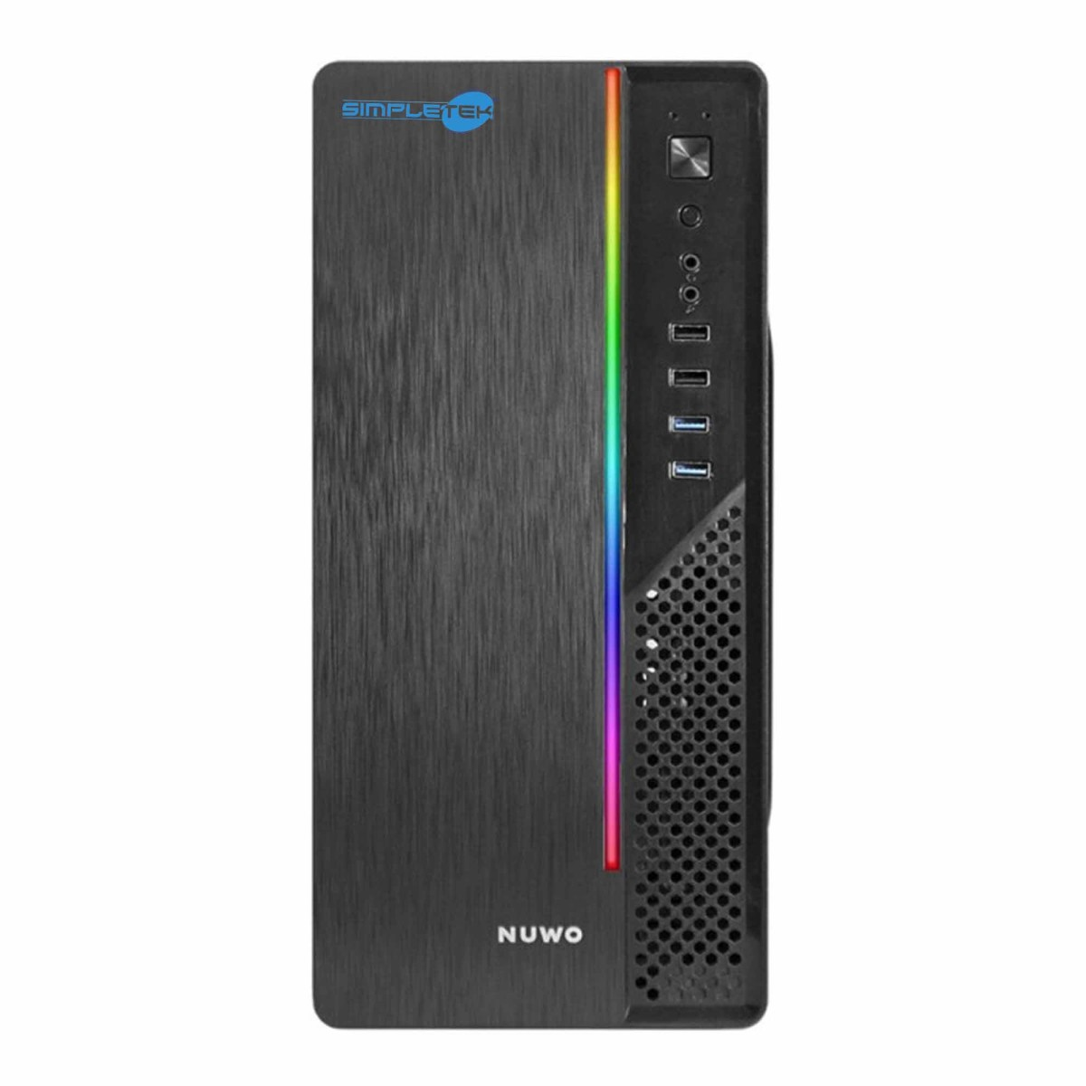 Case PC nero con illuminazione RGB e porte USB frontali.