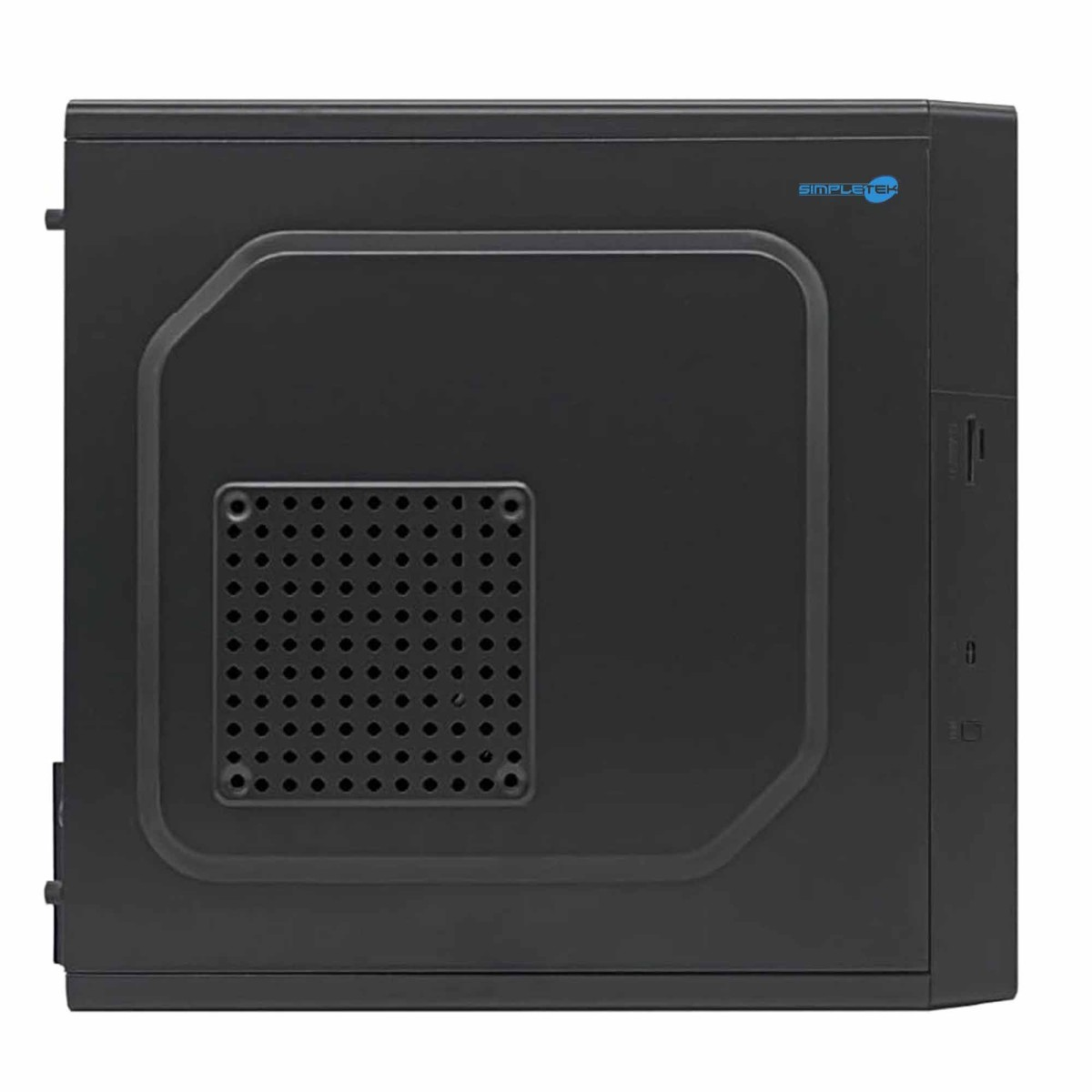 Case del computer nero con griglia di ventilazione e logo.