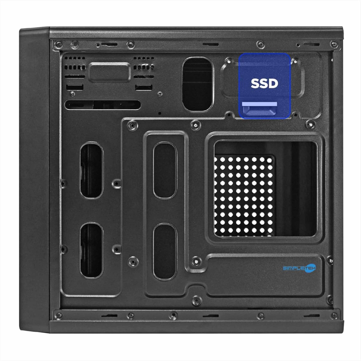 Retro di un case PC nero con supporto SSD e griglia ventola.