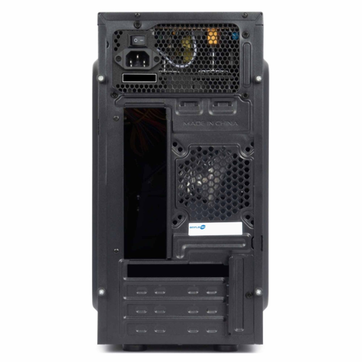 Retro di un case per computer nero con porte e griglie di ventilazione.