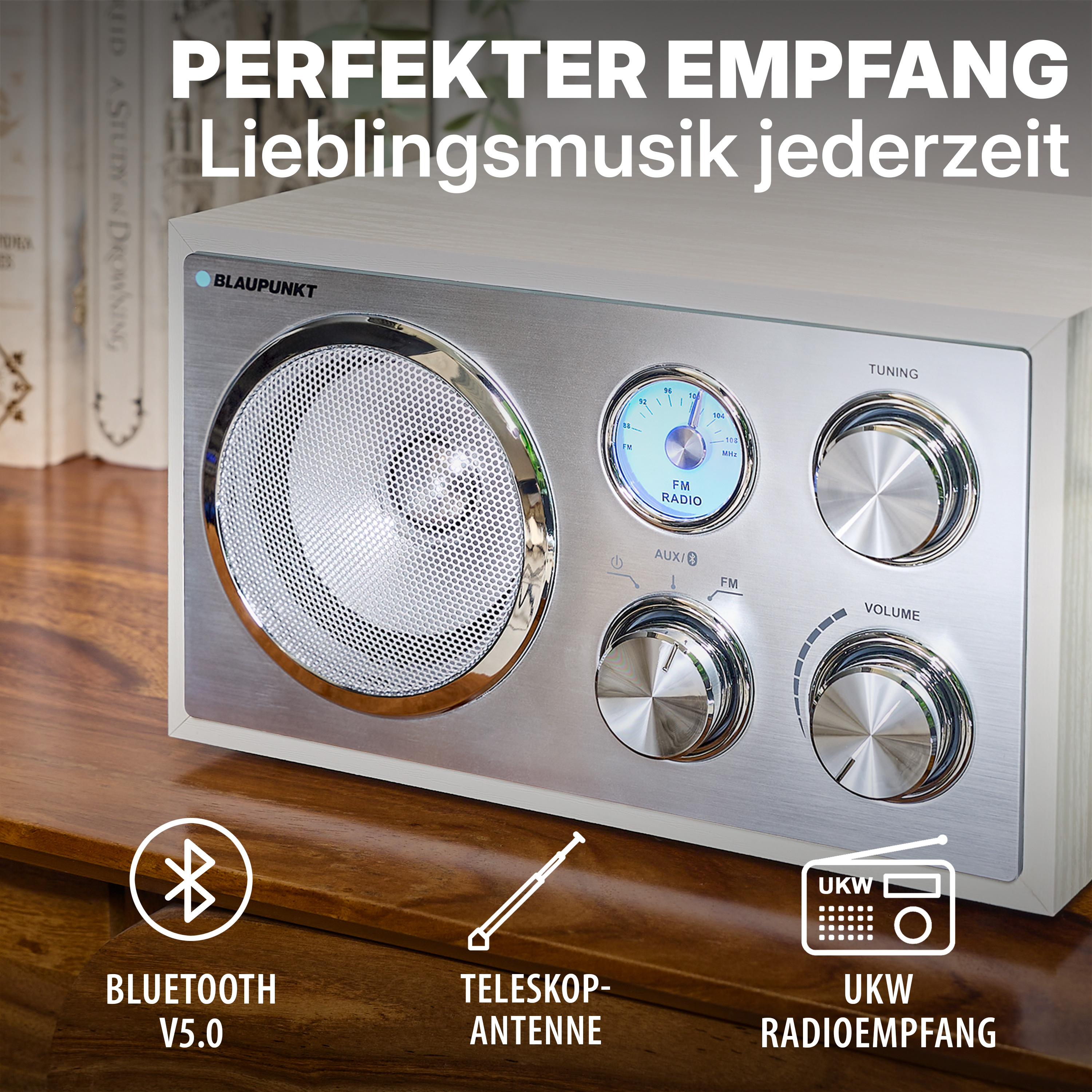 Blaupunkt Radio mit Lautsprecher, Abstimmknopf, Lautstärkeregler, Bluetooth, Antenne und UKW-Anzeige.