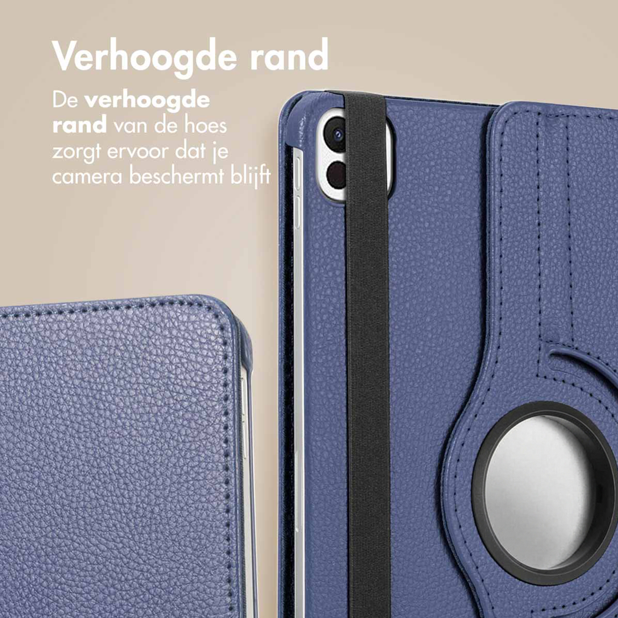 Blue tablet case with raised edge and black elastic strap.