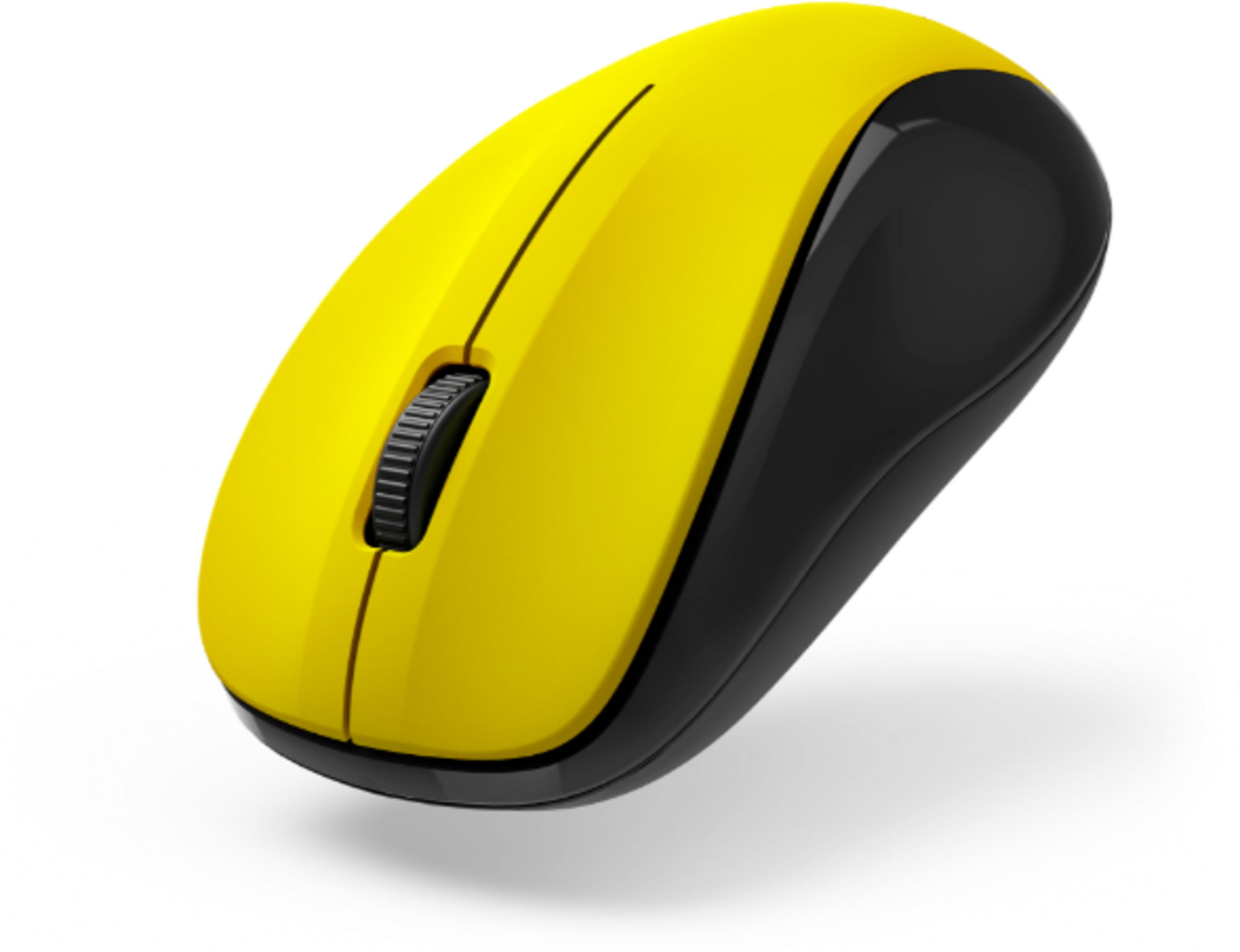 Un mouse giallo e nero per computer con rotellina di scorrimento.