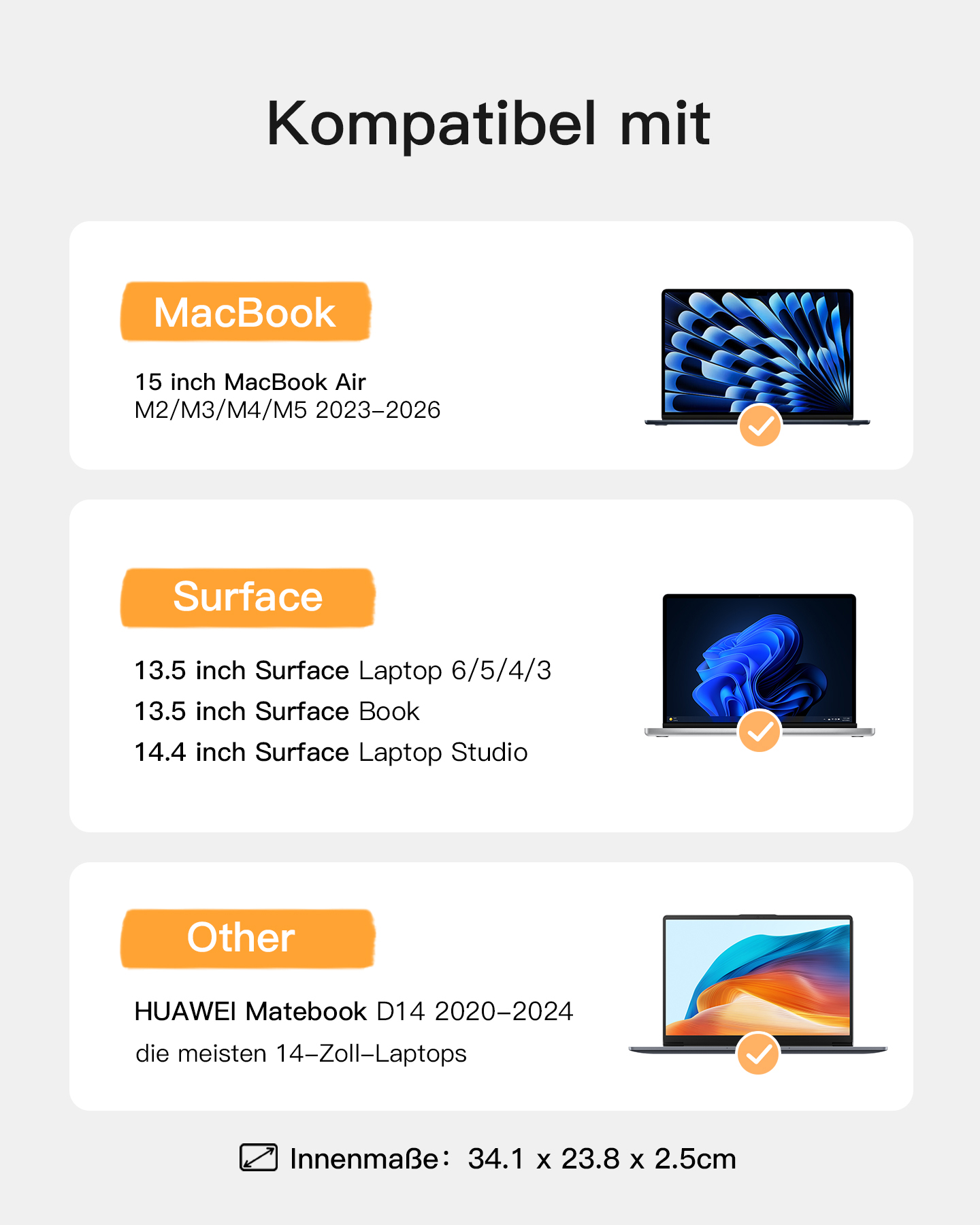 Kompatibel mit MacBook, Surface und anderen Laptops. Maße: 34.1 x 23.8 x 2.5cm.