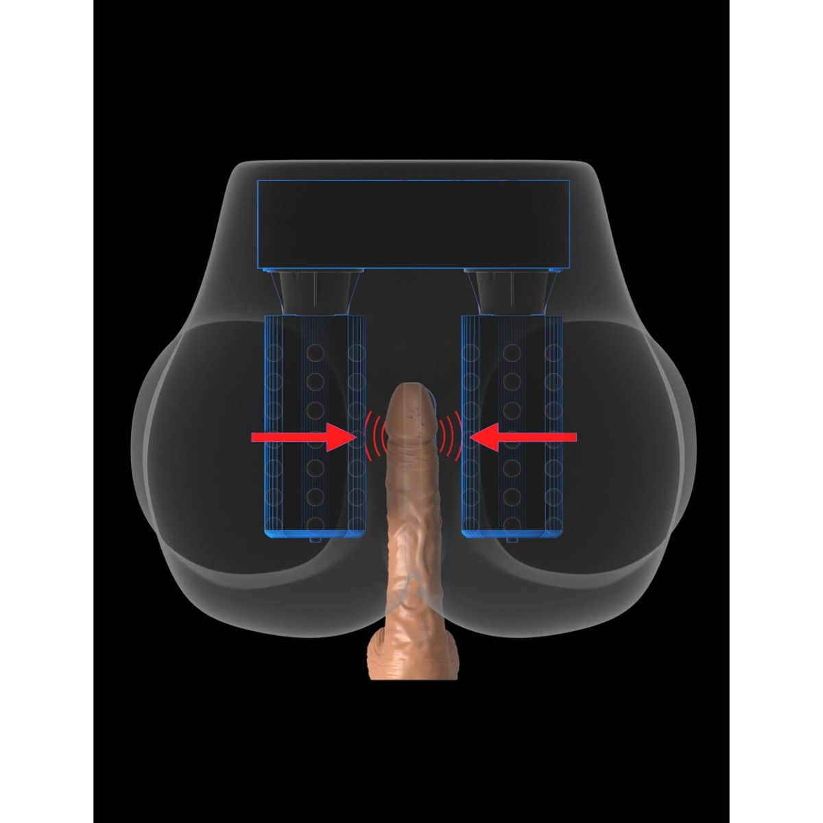 Un objeto similar a un pene entre dos dispositivos azules con flechas rojas.