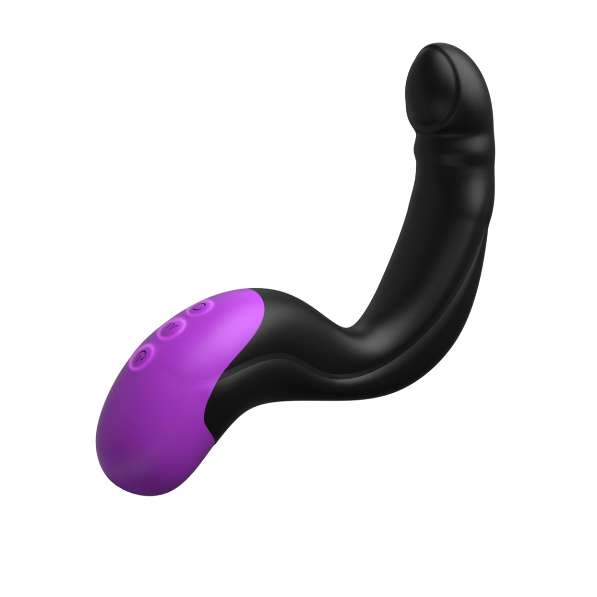 Schwarzer Vibrator mit lila Akzenten und Tasten auf weißem Hintergrund.