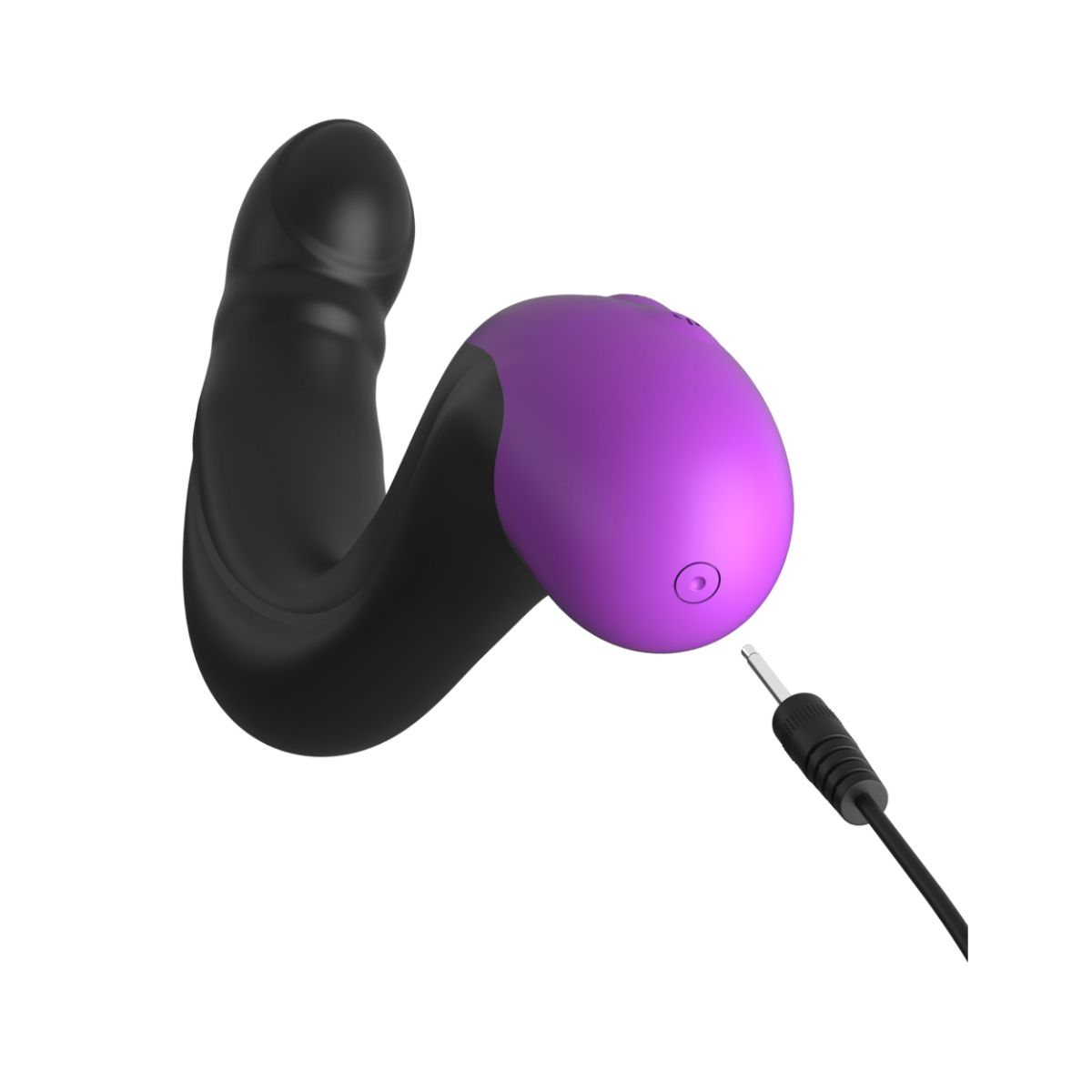 Ein schwarzer Vibrator mit violetter Kuppe und einem Audiokabel.